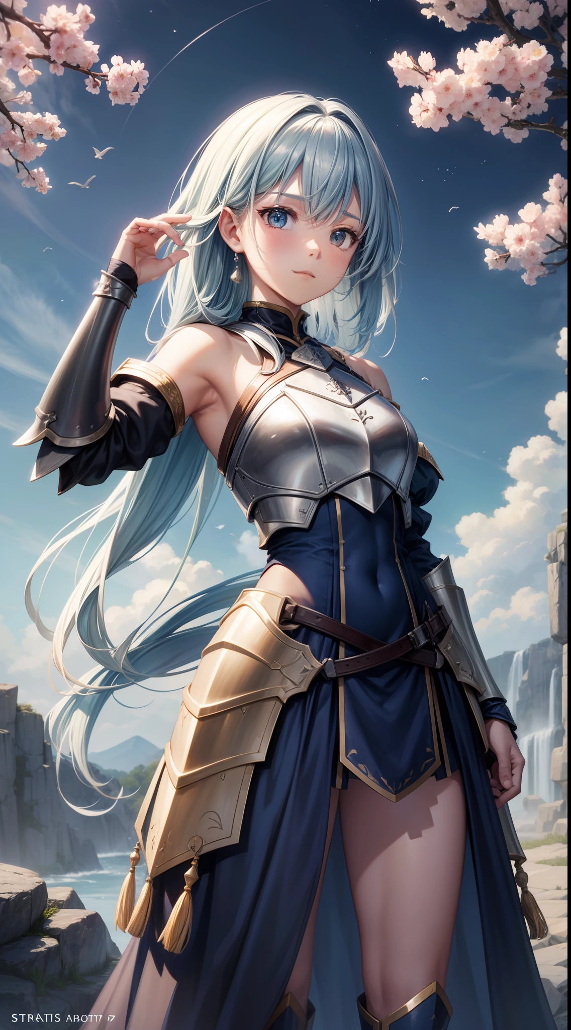 mont，（mist：0.9），（waterfallr：0.8），（the cherry trees：1.3），（flying birds：0.7），stele_\（Skysky\），the space，starrysky_Skysky，1girll，A noble knight、dignified、Sophisticated tactical heavy armor、Exquisite helmet，Shoulder blades、Tassel waistband、Hand Guard、High quality armor texture，broad shoulder，extremely hyper。Stand up，arms folded，