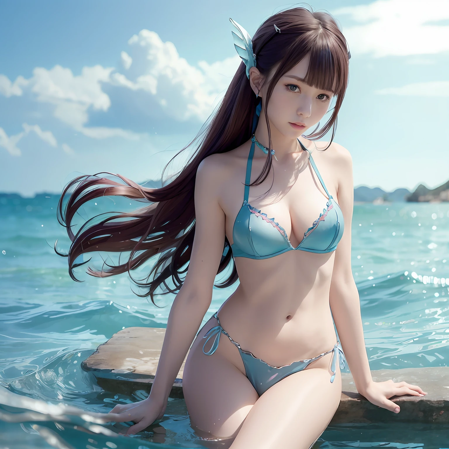 Mare、top-quality、Master Pieces、8k、Blue mermaid fins、dark brown hair、poneyTail、solo beautiful girl、sharpnes、Red BRA、Violet Mini Apron、Cute、A sexy、A slender、Constriction、