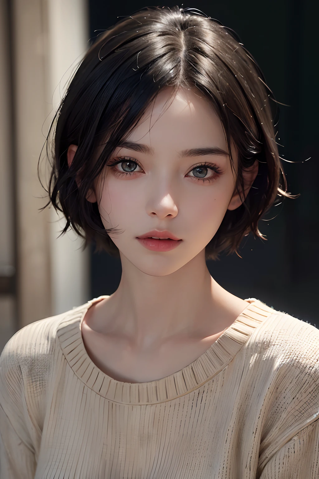 (Masterpiece:1.3), (8K, Photorealistic, RAW photo, Best quality: 1.4), (1girll), Sweet and lovely smiley, (Realistic face), (Black hair, Short hair:1.3), Fluffy ultra-short hair,photorealistic eye,Nice detail eyes,(Realistic skin),Beautiful skins,(Sweaters),absurd res,enticing,超高分辨率,Ultra photo realsisim,The is very detailed,the golden ratio,
