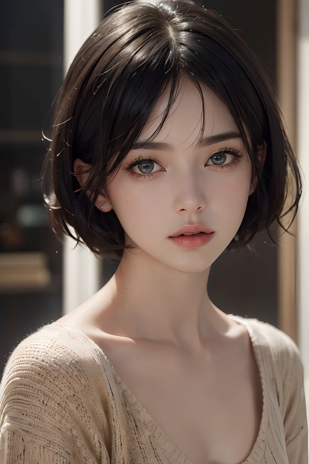(masterpiece:1.3), (8k, photorealistic, RAW photo, best quality: 1.4), (1girl), beautiful face, (realistic face), (black hair, short hair:1.3), beautiful hairstyle, realistic eyes, beautiful detailed eyes, (realistic skin), beautiful skin, (sweater), absurdres, attractive, ultra high res, ultra realistic, highly detailed, golden ratio