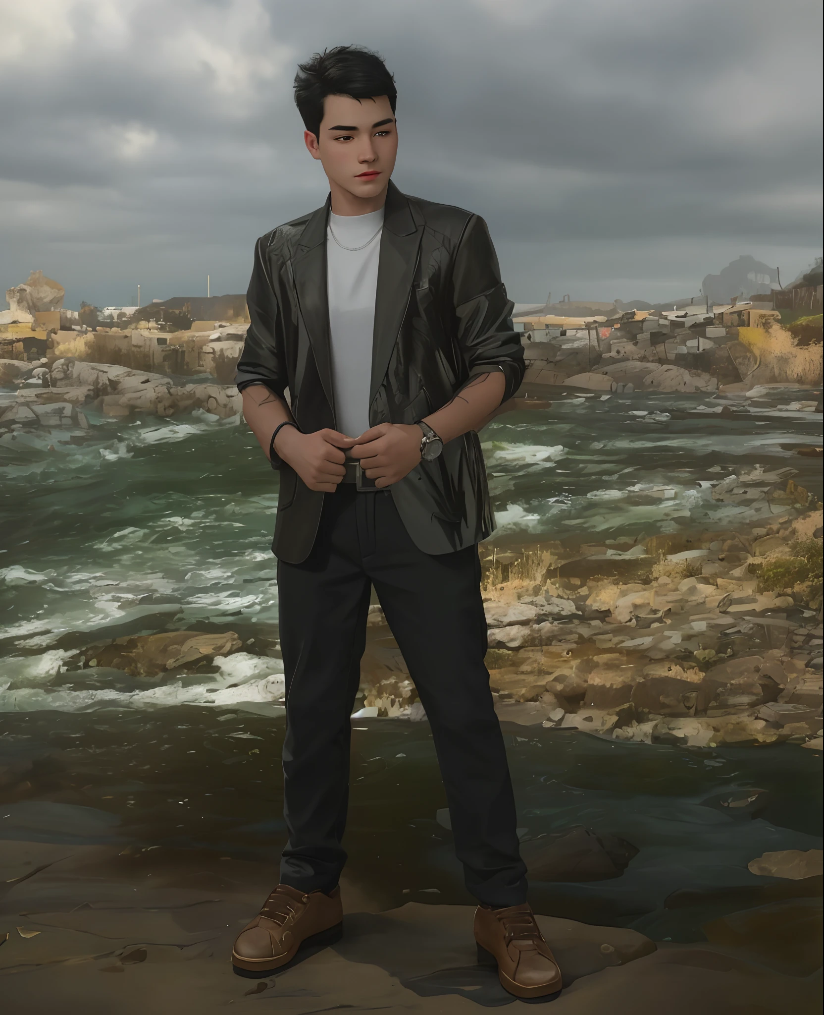 Masterpiece, best quality, (realistic, very detailed), boy, cute face, short black hair, same clothes, sensual, atmosphere, (realism: 1.5), 8k