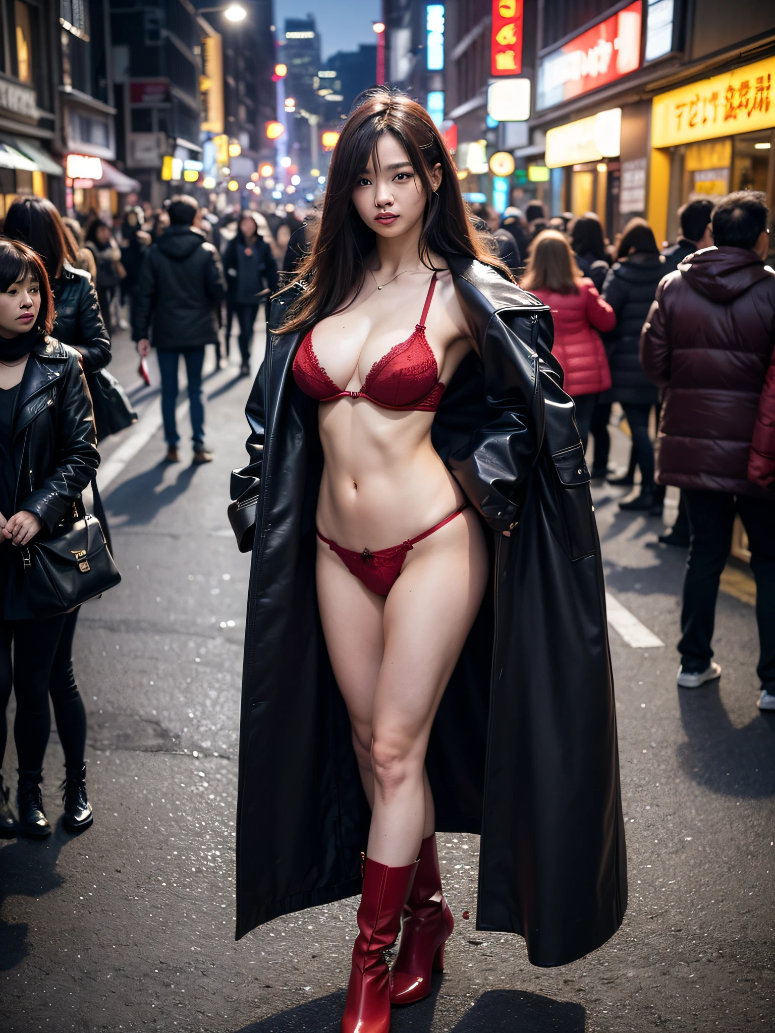 (8k、RAW Photos、top-quality、masterpiece:1.2)、(realisitic、Photorealsitic:1.37)、1人、japanes、25-years old、femele、night cityscape、Street at night、blurry backround、(realperson、a picture)、High-key lighting、natural soft light、face lights、photon maping、Radio City、(fullnude)、Dark brown hair、Detailed lips、detailedeyes、More skin、(huge tit:1.3)、(Leather coat)、(open coat)、(Wear a coat)、(((red bra)))、(((Red panties)))、long boots、Exposed cleavage、exposed shoulder、Thigh exposure、(cammel toe)、(Dark pubic hair:1.5)、perfectbody、shinny skin、((to stand))、Model Pose、cowboy shot、Make eye contact with the camera