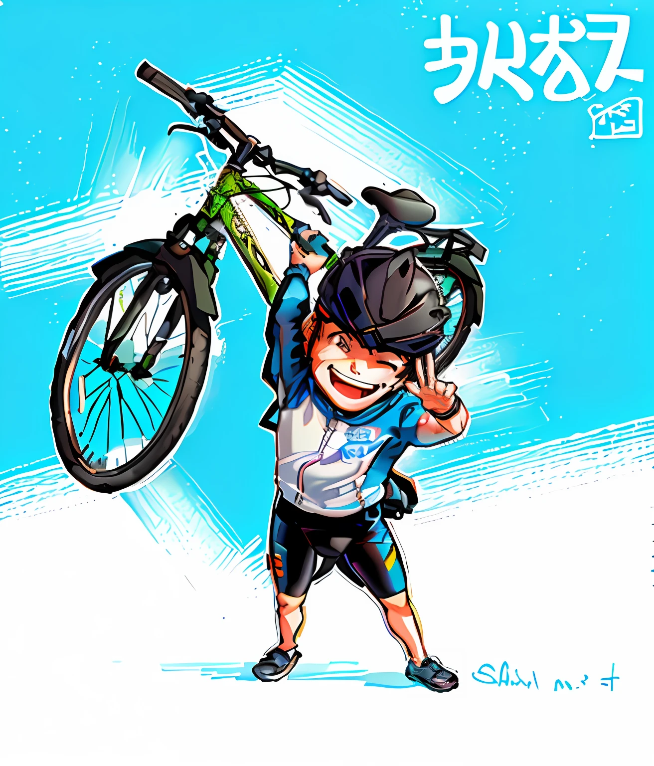 cartoon of a boy holding a bike on his shoulders, from yowamushi pedal, cycling!!, by Okada Beisanjin, 🚿🗝📝, pose(arms up + happy), 😃😀😄☺🙃😉😗, [ digital art ]!!, by Shingei, by Goro Fujita, by Kamisaka Sekka