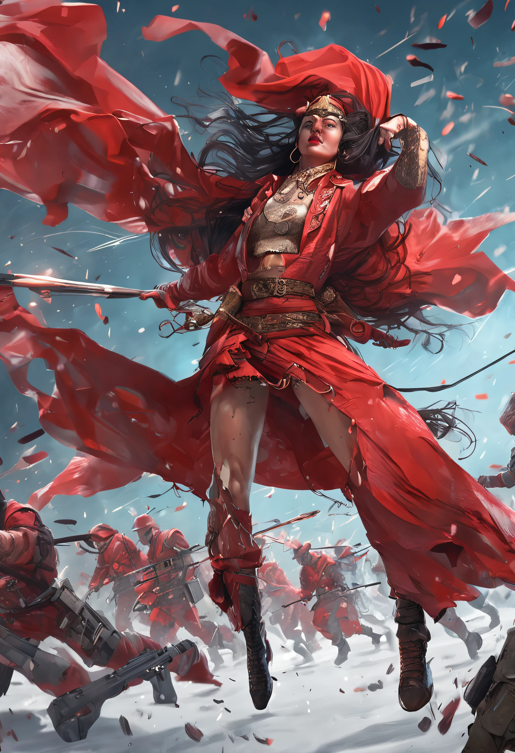 Female dancer，Freeze frame in the air，Unreal wings，Redcoat，Barefoot，background battlefield，Machine gun battle，Several fallen soldiers，Two lines of tears，The face faces 45 degrees to the upper left，Hit straight back with both hands，Mouth with a smile，Zangetsu