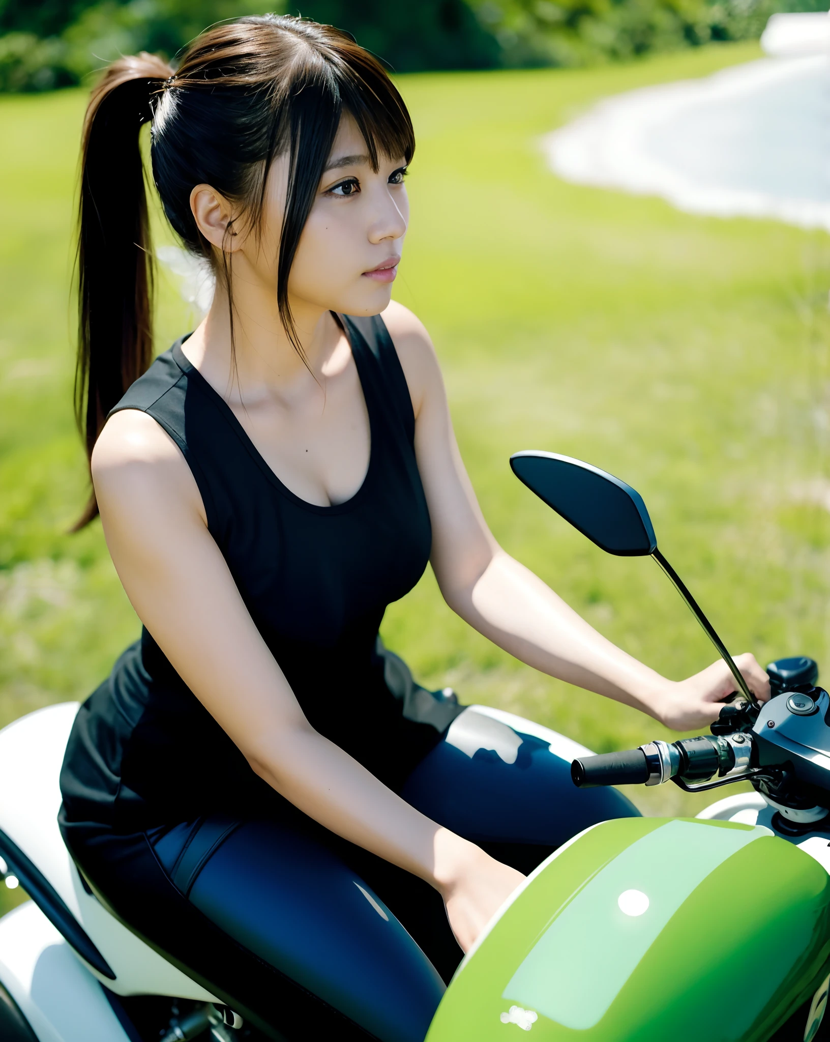 Real Images、rialistic photo、Top image quality、Green motorcycle alafe girl with white mini skirt and tank top, japanse, Anna Nikonova aka Newmilky, comic book style, sitting on a motorcycle, green skin!, Kawasaki AR80, sitting on cyberpunk motorbike, Nohel and flaxen ponytail、Beautiful bust、beautiful thigh、Beautiful navel、sexy-S 100, black and green, green and black, profile picture 1024px, takata yamamoto style, Motorcycles
