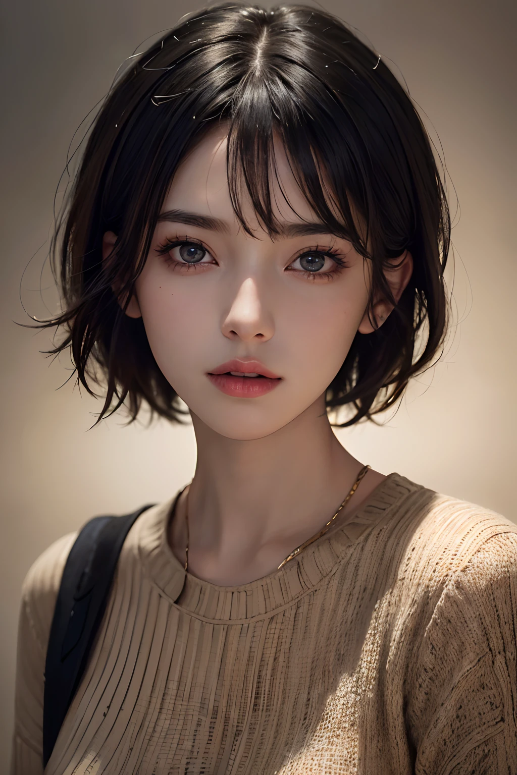 (masterpiece:1.3), (8k, photorealistic, RAW photo, best quality: 1.4), (1girl), beautiful face, (realistic face), (black hair, short hair:1.3), beautiful hairstyle, realistic eyes, beautiful detailed eyes, (realistic skin), beautiful skin, (sweater), absurdres, attractive, ultra high res, ultra realistic, highly detailed, golden ratio