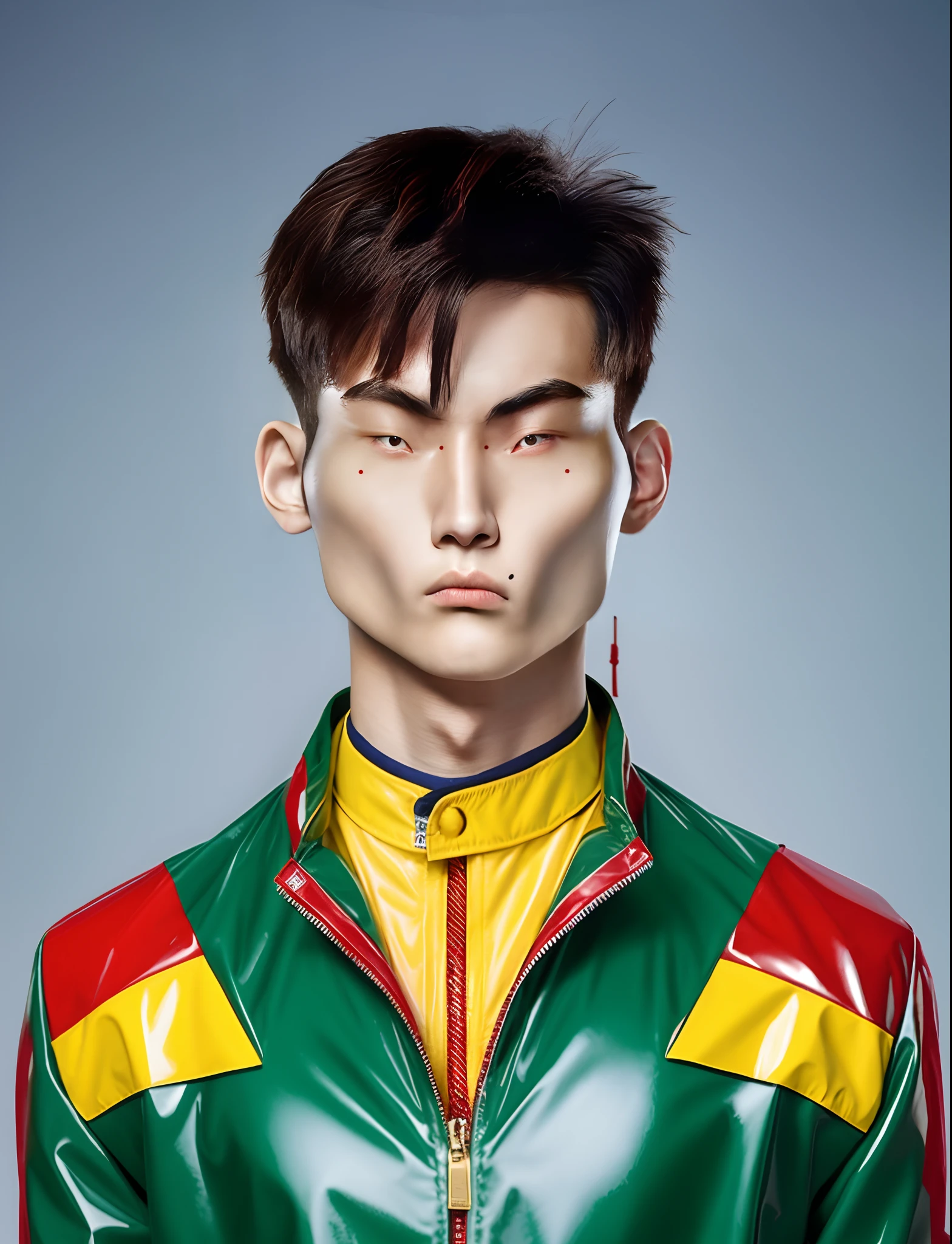 Handsome Chinese male high school student,Wearing PVC red and yellow motorcycle suits,There are zippers,greybackground