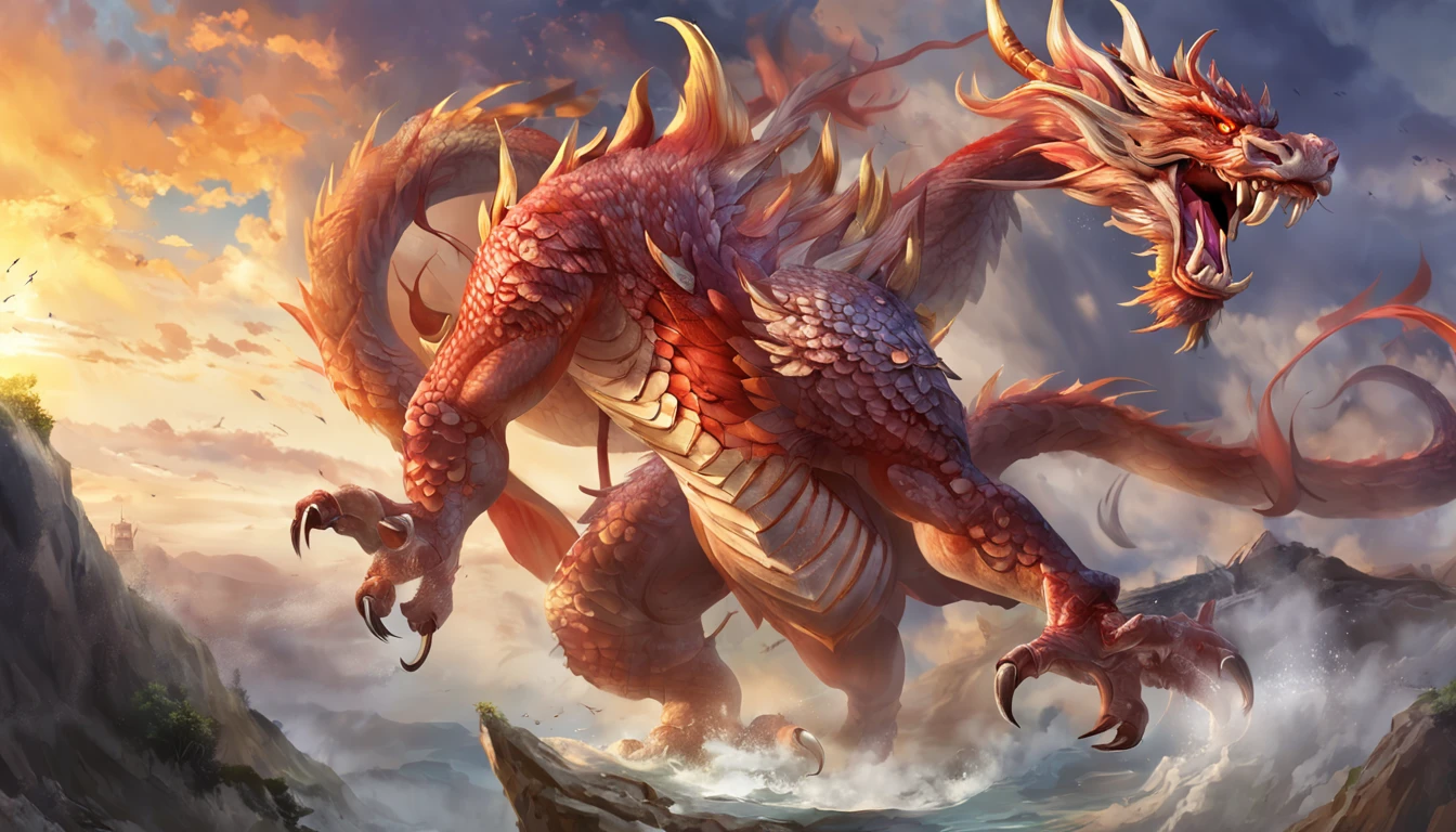 Chinese dragon, full bodyesbian, Loong, extremely detailed CG unity 8k wallpaper), (colorful:1.2), long hair, sharp teeth, red eyes, teeth, huge, Hires upscale: 1.7, Hires upscaler: 4x_NMKD-Siax_200k, Denoising strength: 0.45, lifelike texture, Dynamic angle, (((+++Lightning and  bodyInterweave///))), Colorful auspicious clouds, drop shadow, atmospheric perspective, panorama, wide shot, 16k, anatomically correct, super detail