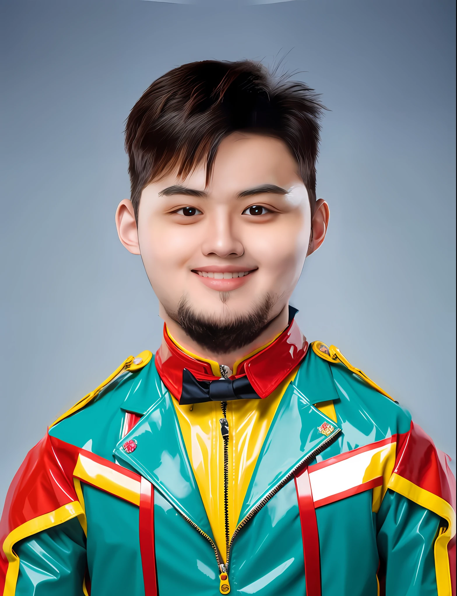 Handsome Chinese male high school student，Wearing PVC red and yellow motorcycle suits，There are zippers，greybackground