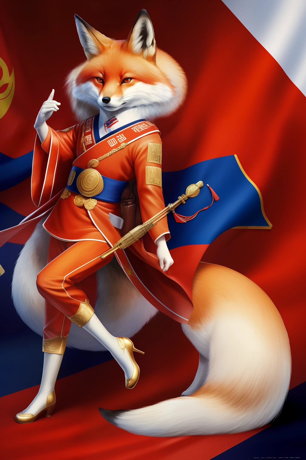 masutepiece, Best Quality, High resolution, 1fox, Full body, detail fox, detail hands, detail fingers, detail face, detail leg, overdetailed art, fine details, General secretary, flag, Democratic People's Republic of Korea