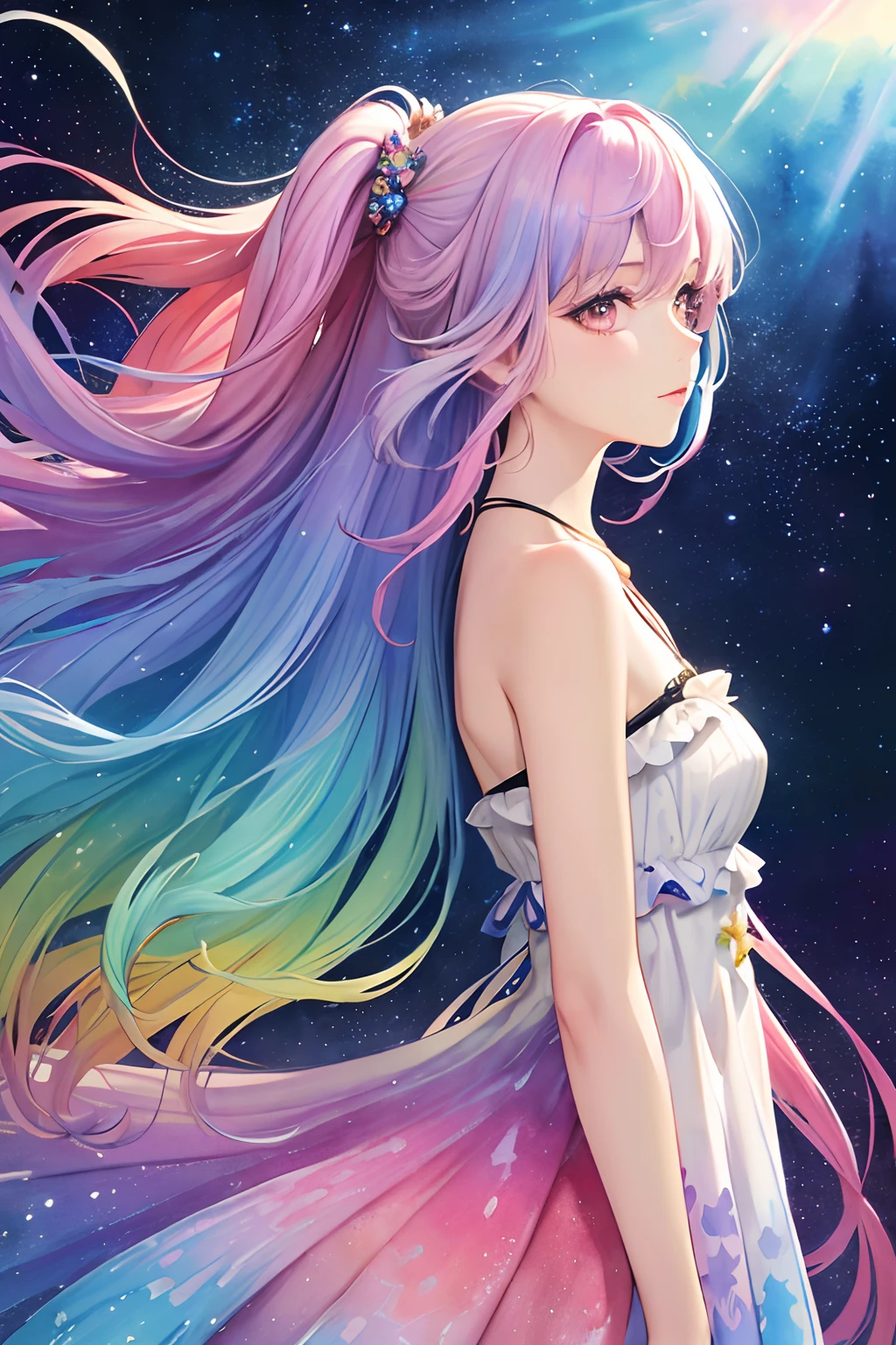 (masterpiece, top quality, best quality,watercolor (medium),official art, beautiful and aesthetic:1.2),(1girl:1.3), (fractal art:1.3),upper body, from side, looking at viewer,patterns,(rainbow color Hair,colorful hair,half blue and half pink hair:1.2),water,liquid, cloud,colorful, starry,stars,