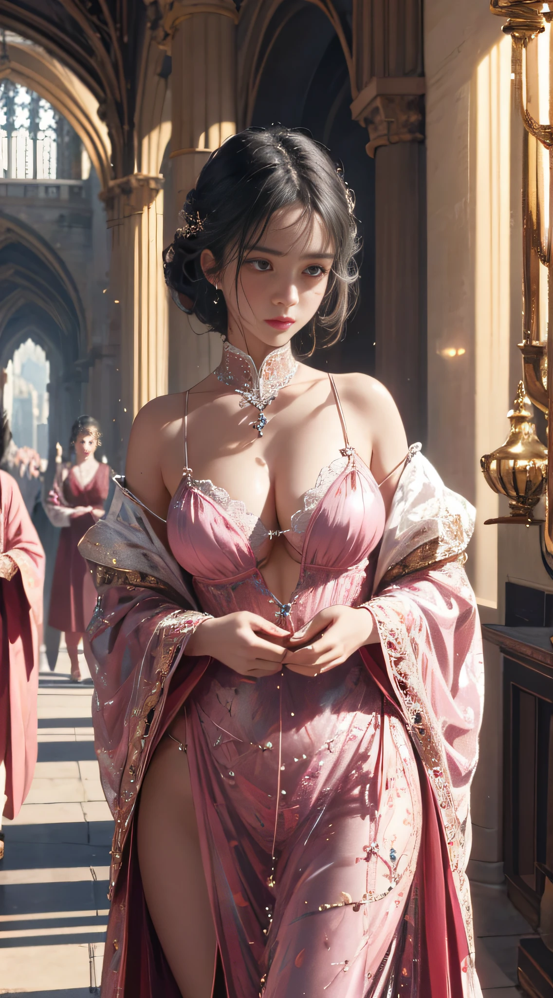 British Royal,Noble,offcial art,Unity 8k壁纸,ultra - detailed,aestheticly pleasing,big breasts beautiful,tmasterpiece,best qualtiy, darkly, atmospurate, mistic, romanticism lain, spine-chilling, Literary, Artistically, Fashionab, victorian age, decor, iintricate, ironwork, Lace, Contemplative, emotive depth, supranatural, 1girll,独奏, coll,Bust composition,Transparent packaging,see-through transparent clothes,Pink cute,Pink tender,Proud and holy,divino,big breasts exposed cleavage,Leaky shoulders,water leakage, soak,Milk fat buttocks,huge tit,Double breasts,Reallightandshadow,cinematric light,SENSE OF CINEMA,Light effect,Holy,Excitation
