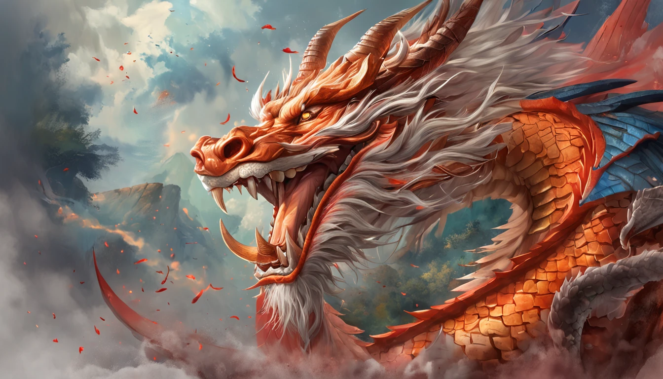 full bodyesbian, Chinese dragon, Loong, extremely detailed CG unity 8k wallpaper), (colorful:1.2), long hair, sharp teeth, red eyes, teeth, huge, Hires upscale: 1.7, Hires upscaler: 4x_NMKD-Siax_200k, Denoising strength: 0.45, lifelike texture, Dynamic angle, (((+++Lightning and  bodyInterweave///))), Colorful auspicious clouds, drop shadow, atmospheric perspective, panorama, wide shot, 16k, anatomically correct, super detail