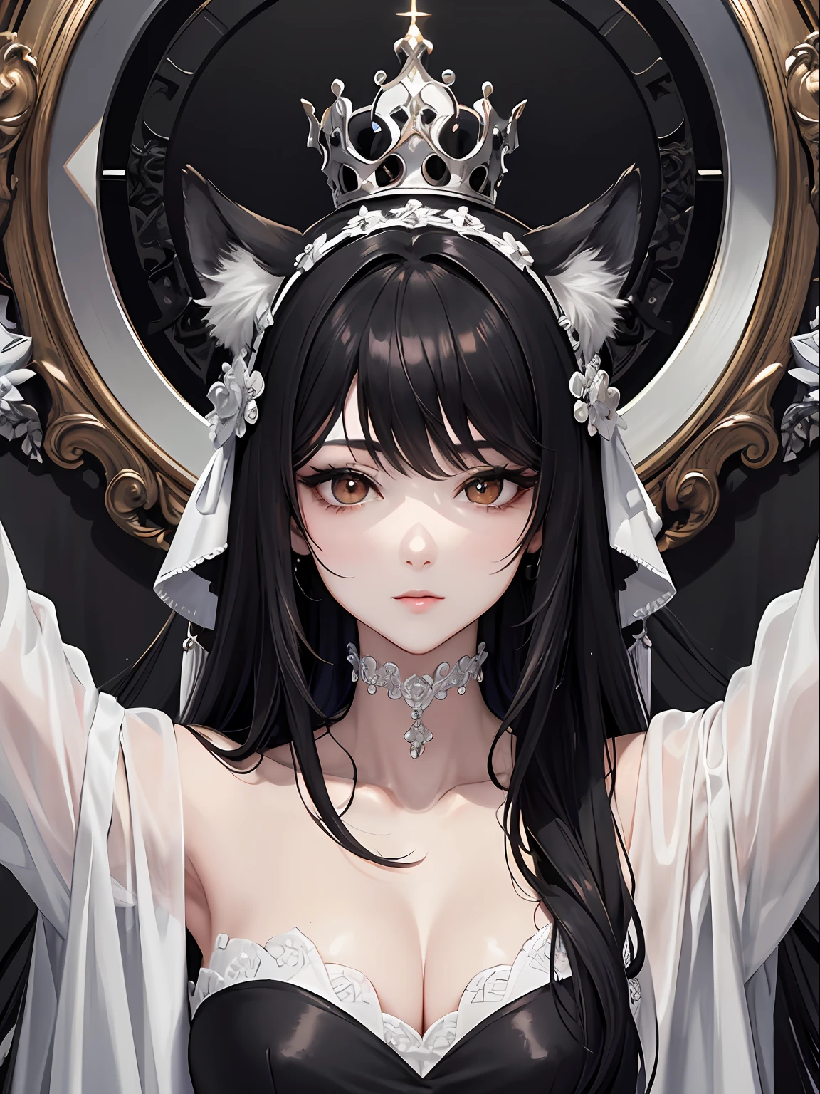 masterpiece、top-quality、hight resolution、High-quality images、8K、1womanl、detaileds、Detailed eye depiction、skin gloss、Lustrous black hair、Monochrome grayscale、Lisa、portlate、King of Wolves