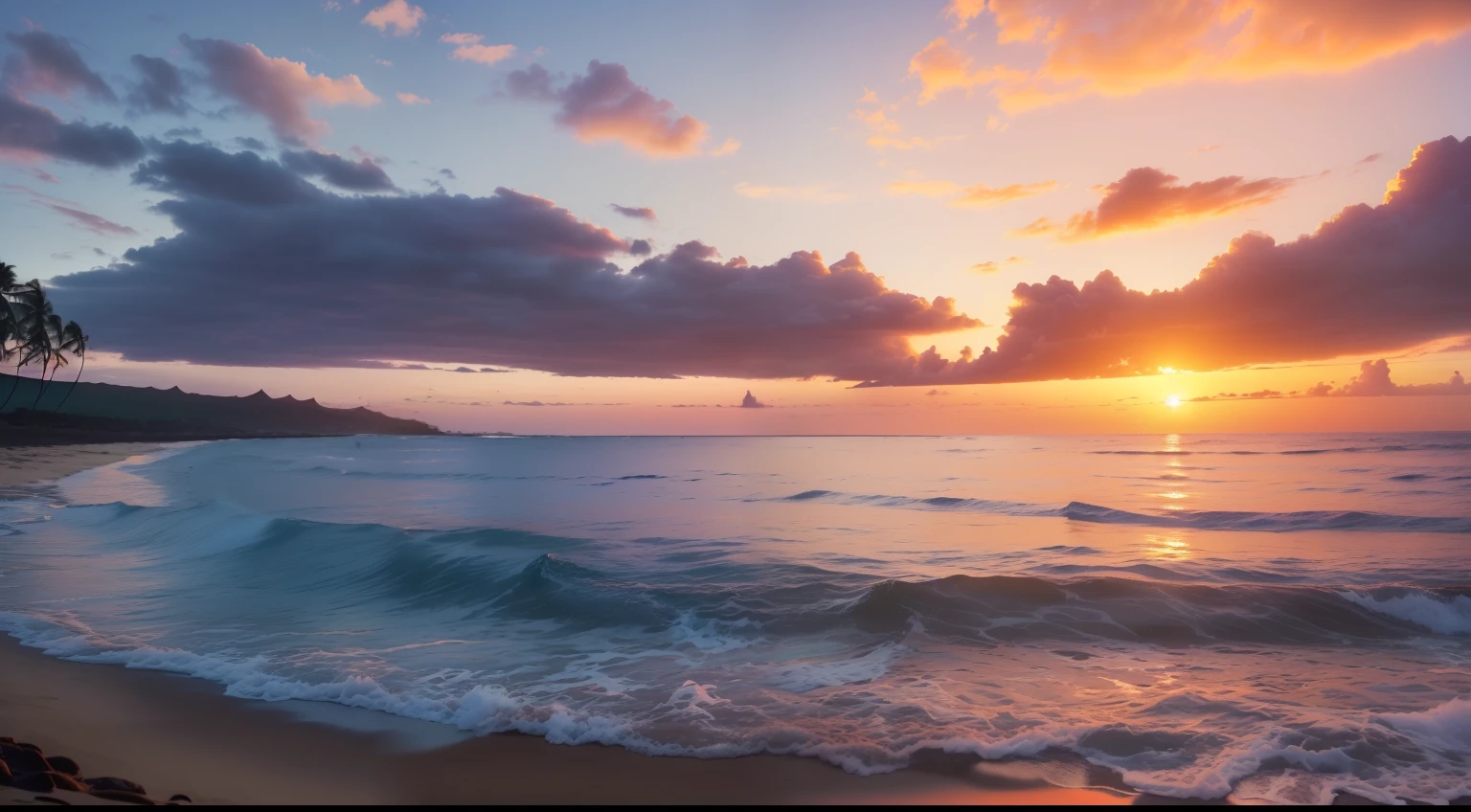 ((Sunset Hawaiian beach:1.5, 16:9:1.1, 8k:1.2, photo realistic:1.3, majestic:1.2, cinematic:1.2))