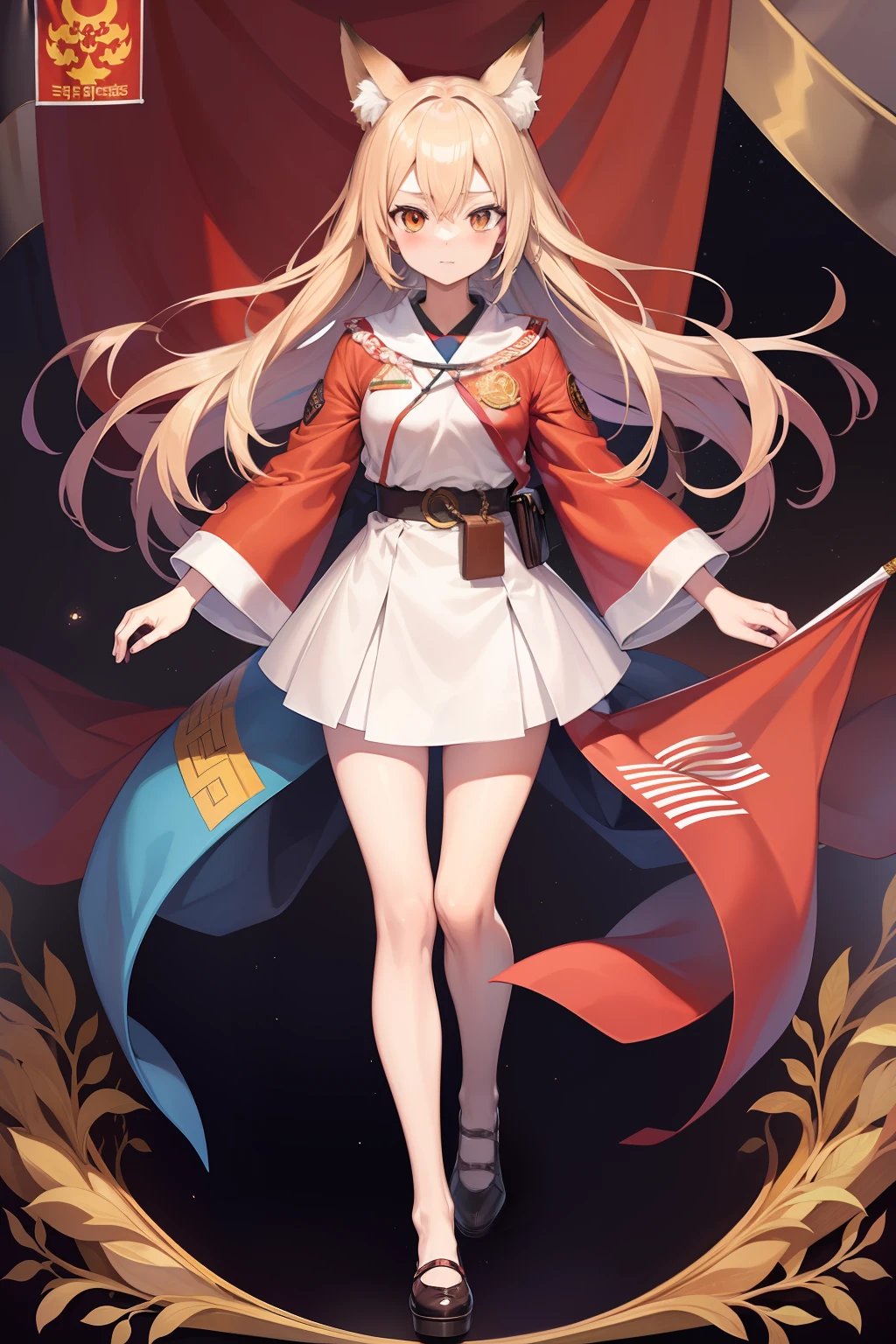 masutepiece, Best Quality, High resolution, 1fox, Full body, detail girl, detail hands, detail fingers, detail face, detail leg, overdetailed art, fine details, General secretary, flag, Democratic People's Republic of Korea