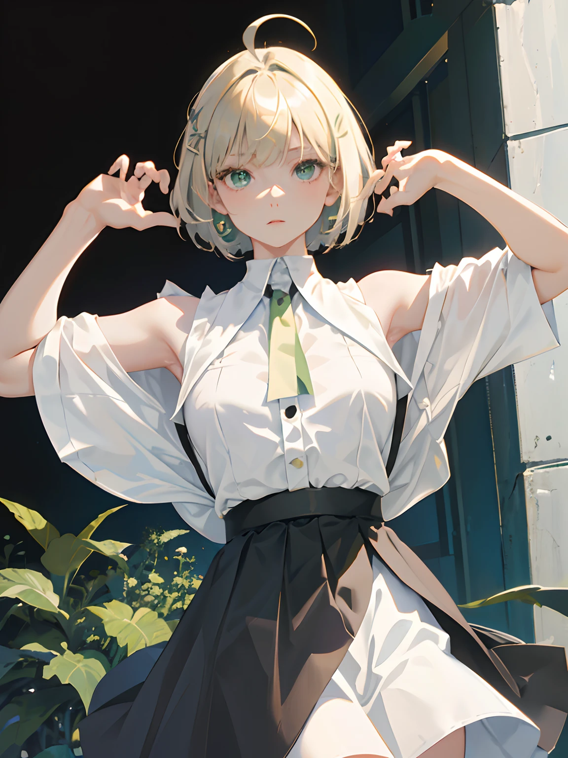 ((masterpiece, best quality)), (1girl), (solo), (female focus), (ahoge, ash blonde hair, short hair), green eyes, ((white shirt), (buttoned shirt)), ((black skirt), (short skirt)), standing, white background, arms behind back,