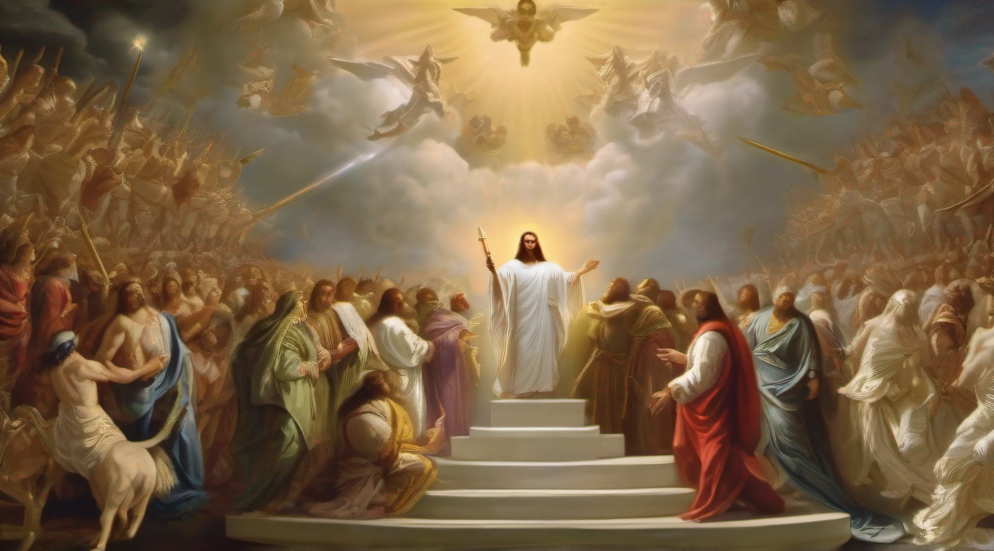 Generate an epic and impactful scene of Jesus' second coming, conforme descrito no livro de Apocalipse. Jesus deve estar retratado como uma figura majestosa e poderosa, montado em um cavalo branco. He is accompanied by a heavenly multitude of angels and saints clothed in resplendent armor. Ahead of you, o diabo, The Antichrist and the False Prophet meet again in a last-ditch attempt to challenge divine supremacy. The setting should be dramatic, com nuvens escuras e raios de luz divina iluminando a cena. Jesus wields a flaming sword and is about to lead the final battle against the forces of evil. It captures the intensity of the moment and the symbolic representation of the triumph of good over evil.