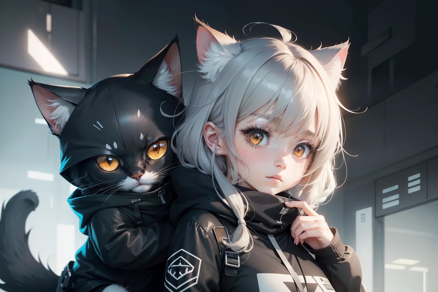There is a cat on one shoulder,Caricature of a girl with a cat on her shoulder, she has a cute expressive face, in style of cytus and deemo, pin on anime, anime moe art style, with huge luminous sad eyes, Female protagonist 👀 :8, with index finger, High Quality Anime Art Style, Cute anime style, in an anime style