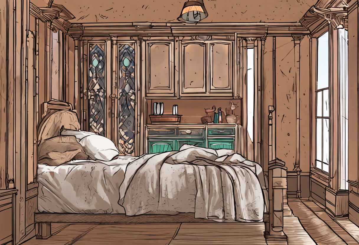 Astor piece, modest single bed,
Medieval European, wooden room like in an RPG