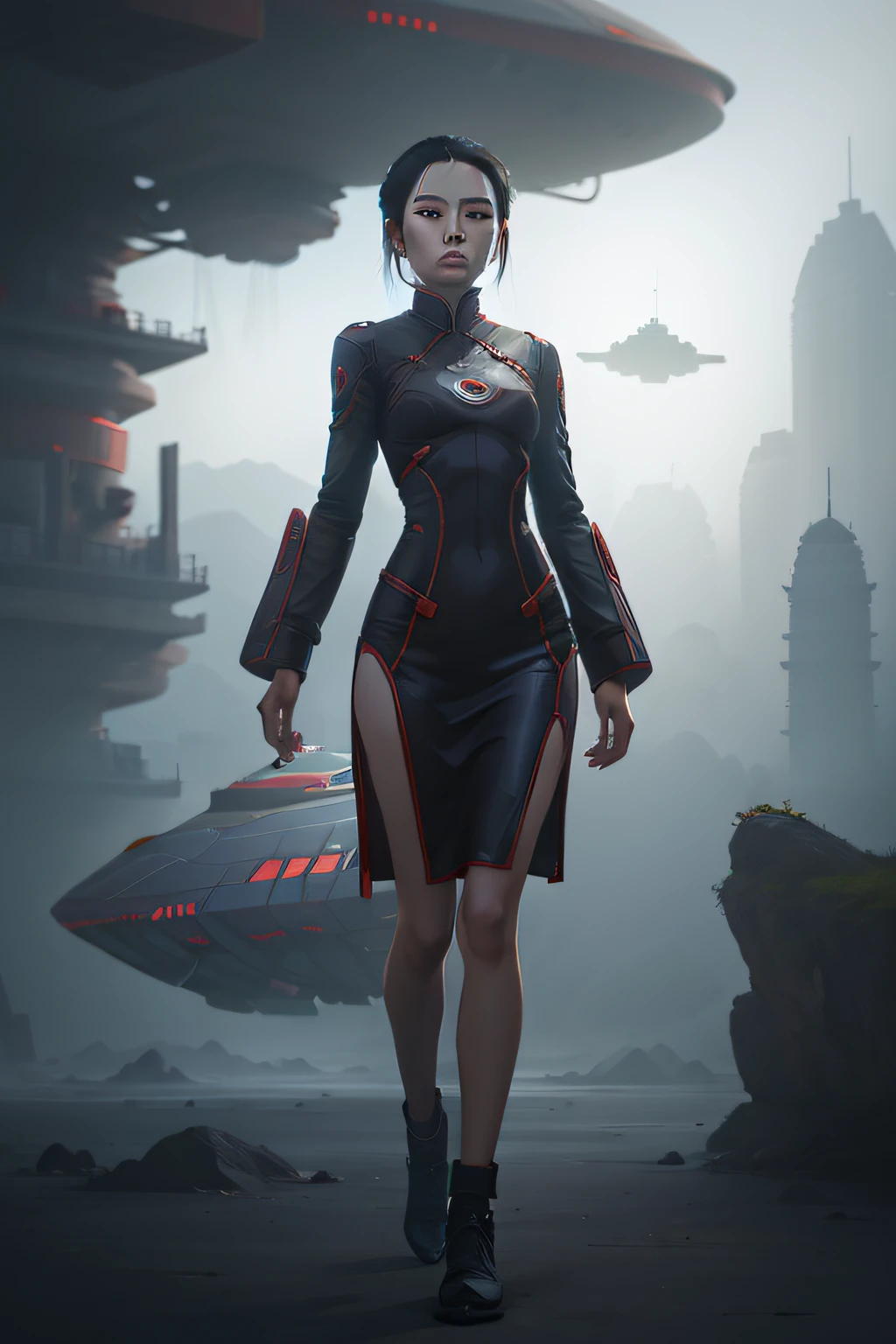 There is a woman in a futuristic costume walking in front of the spaceship, alena aenami and android jones, Phlegm sputum, phlegm. sci-fy, inspired by Marek Okon, sci fi female character, sci-fi woman, cgsociety concept art, cgsociety contest winner, smooth digital concept art, sci-fi female, epic scifi character art, Inspired by Feng Zhu