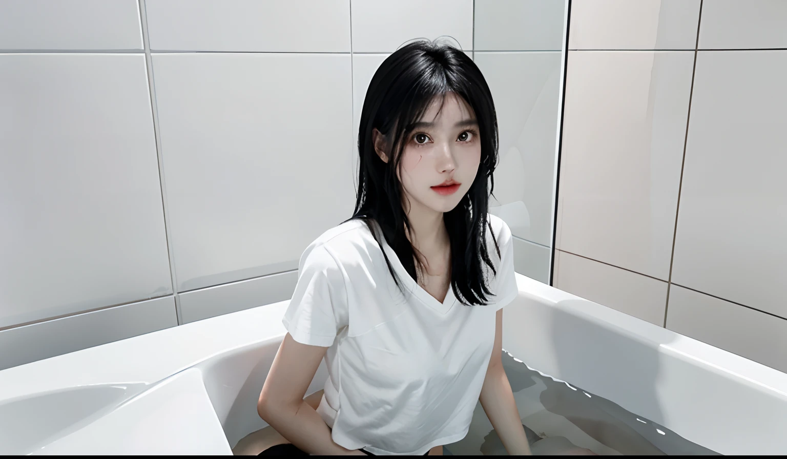black hair girl，White socks with bare legs，transparent white shirt，Superskirt，Sit in the bathtub，Flushing on the face，Get wet all over your body，The white socks were soaked，The expression is shy，High- sharpness，A high resolution