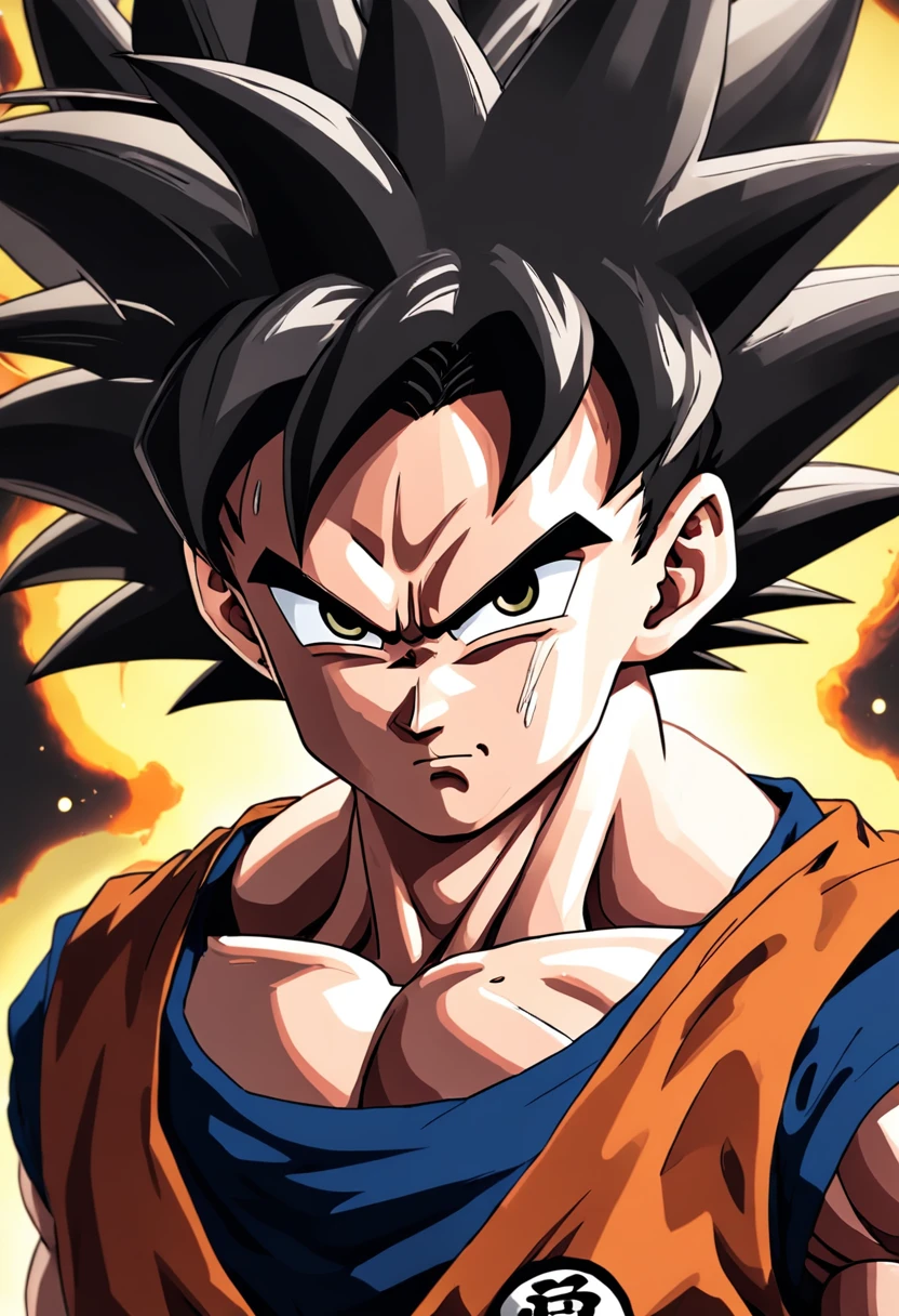 Son Goku, dramatic cinematic realistic shot, solo,looking at viewer,short hair,black hair,blue eyes,closed mouth,upper body,male focus,v-shaped eyebrows,bodysuit,blood,frown,close-up,serious,blood on face,animification,seiyan, dragonball z,debris, print,dirty face anime,niji,grunge,noir,moody,analog,iso 500, <lora:Darkseal_Niji_AutismConfetti_XL-005:.8>,<lora:Darkseal_Nurzhan_PonyXL-02:.8>