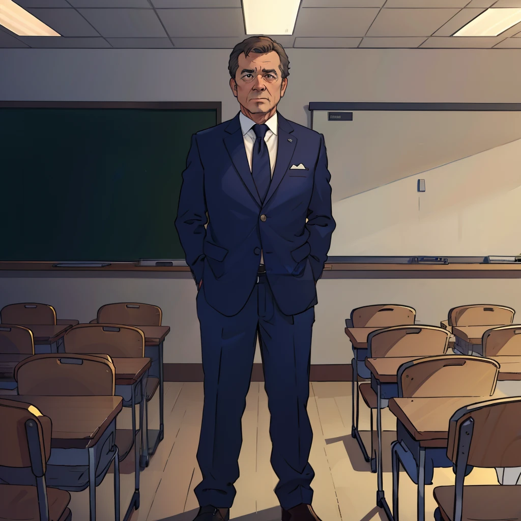 A middle-aged man,dressed in a suit,Stand on the podium of the classroom,face expressionless