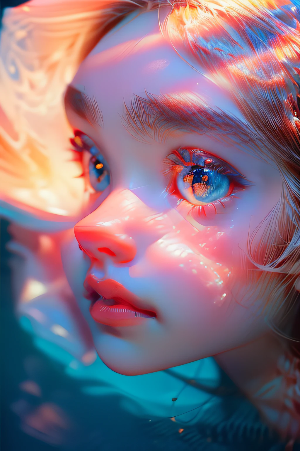Super beautiful close-up of the eyes、(top-quality:1.6)、(tmasterpiece:1.4)、intricately details、(Cute and gorgeous 20 year old Korean girl、Looking Up The Sky:1.3)、(1girl in:1.3)、angelicales、agilawood、(cybernetic halo:1.3)、Light on the top of the head and face、(Small head:1.4)、Ultra-realistic skin，very natural features、Focus on the face and eyes、Underwater、Bubbles under water、Redfish in the water、blue backdrop