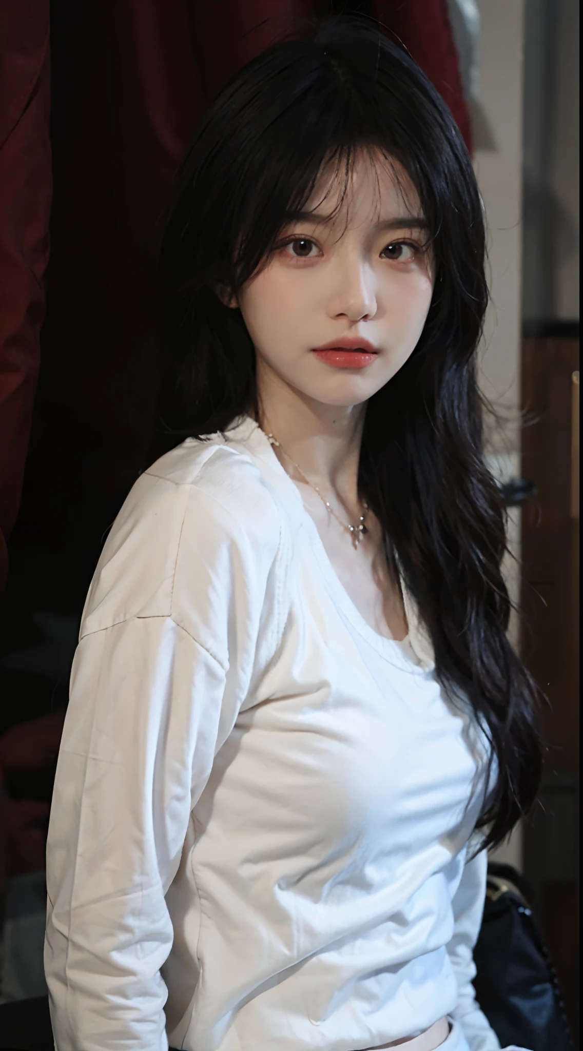 best qualtiy, 超高分辨率, (realisticlying:1.4),Baoyu Girl,1girll, Long straight hair,Looking into the distance,breastsout:1.4,Cropped red sweater,a sense of atmosphere,Beautiful woman with a slim figure:1.4, Abs:1.4,,Ultra-fine face,Elaborate Eyes,二重まぶた,choker necklace