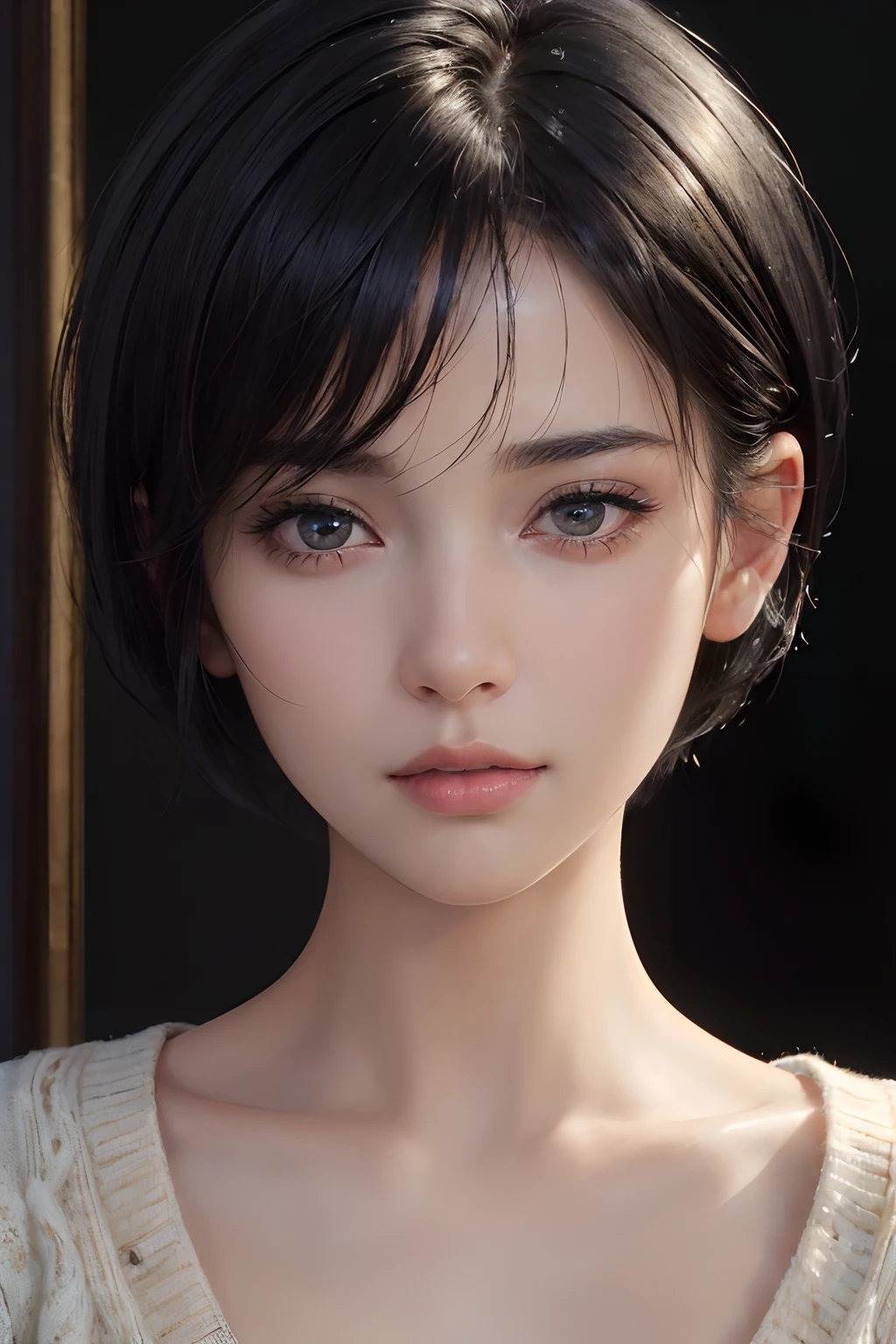 (masterpiece:1.3), (8k, photorealistic, RAW photo, best quality: 1.4), (1girl), beautiful face, (realistic face), (black hair, short hair:1.3), beautiful hairstyle, realistic eyes, beautiful detailed eyes, (realistic skin), beautiful skin, (sweater), absurdres, attractive, ultra high res, ultra realistic, highly detailed, golden ratio