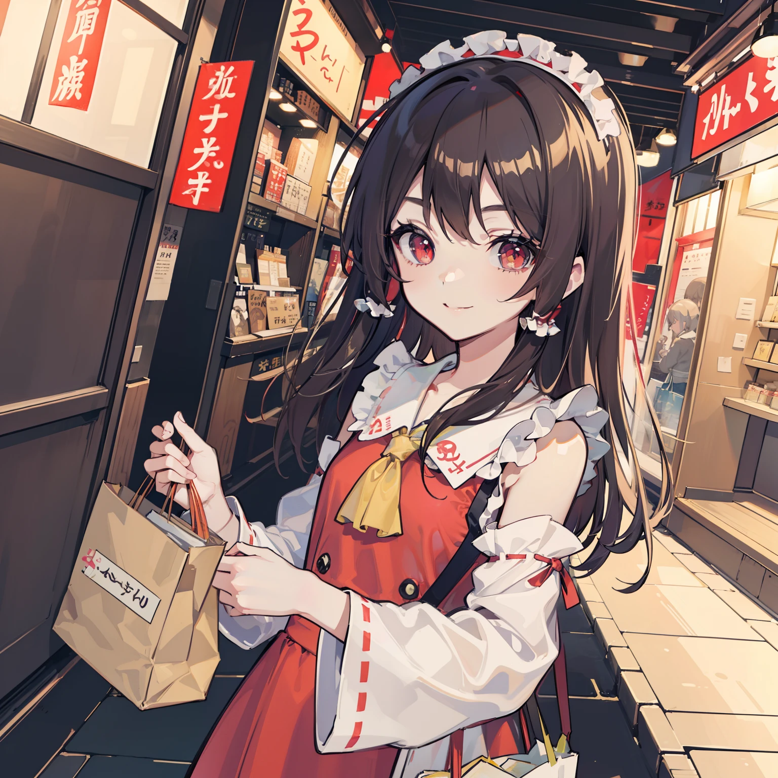 masutepiece, Fine detail, 4K, 8K, 12K, Solo, 1 person, Beautiful Girl, caucasian female, Upper body, maid clothes、Borei Reimu、A dark-haired、red eyes、wingspan、Smile, shopping bags, Paper bags, Detailed background, city, Harajuku