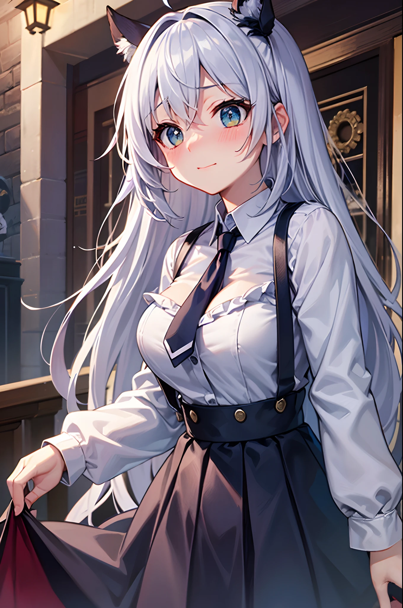 Best Quality, ultra-detailliert, Illustration, silber hair, Aimei,,embarrassed from，red blush，scratching your head，The long-haired，cute  face，beutiful breast，turned around，Suspender Skirt，long-sleeve，Dark blue skirt，neck tie，Close，Angle to show off breasts，look up to，finely detail，turned around