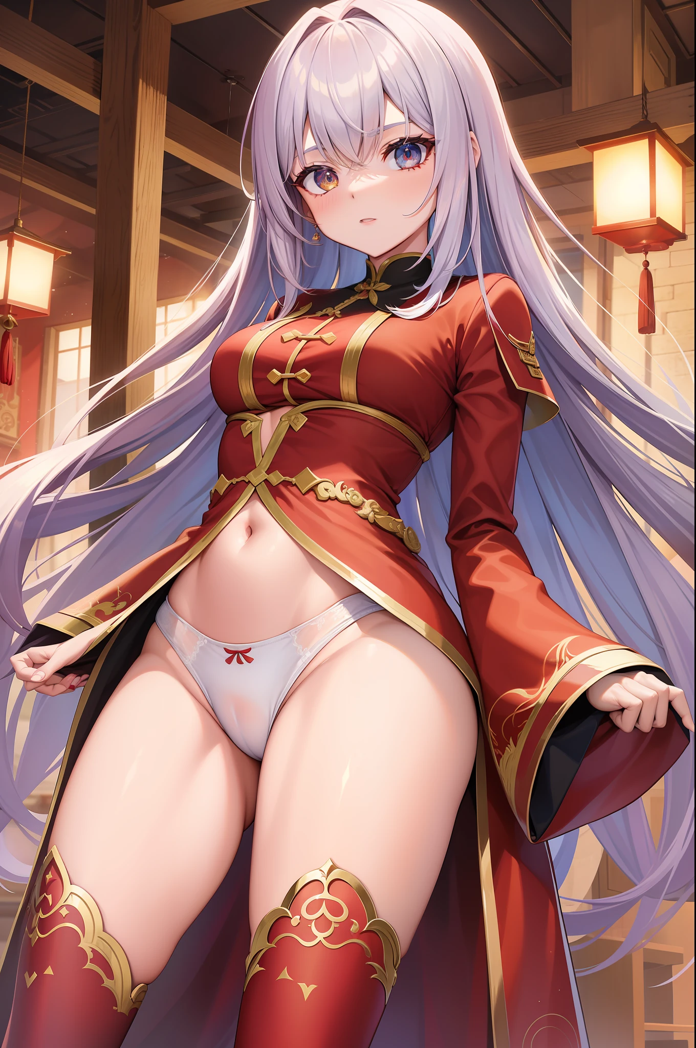 cabelo loiro, olhos laranjas mal humorados, de roupa estilo oriental vermelho chines, xianxia de corpo inteiro, com par de asas brancas angelicais, decote, expressao nervosa, peitos grandes, bunda grande, estilo cartoon