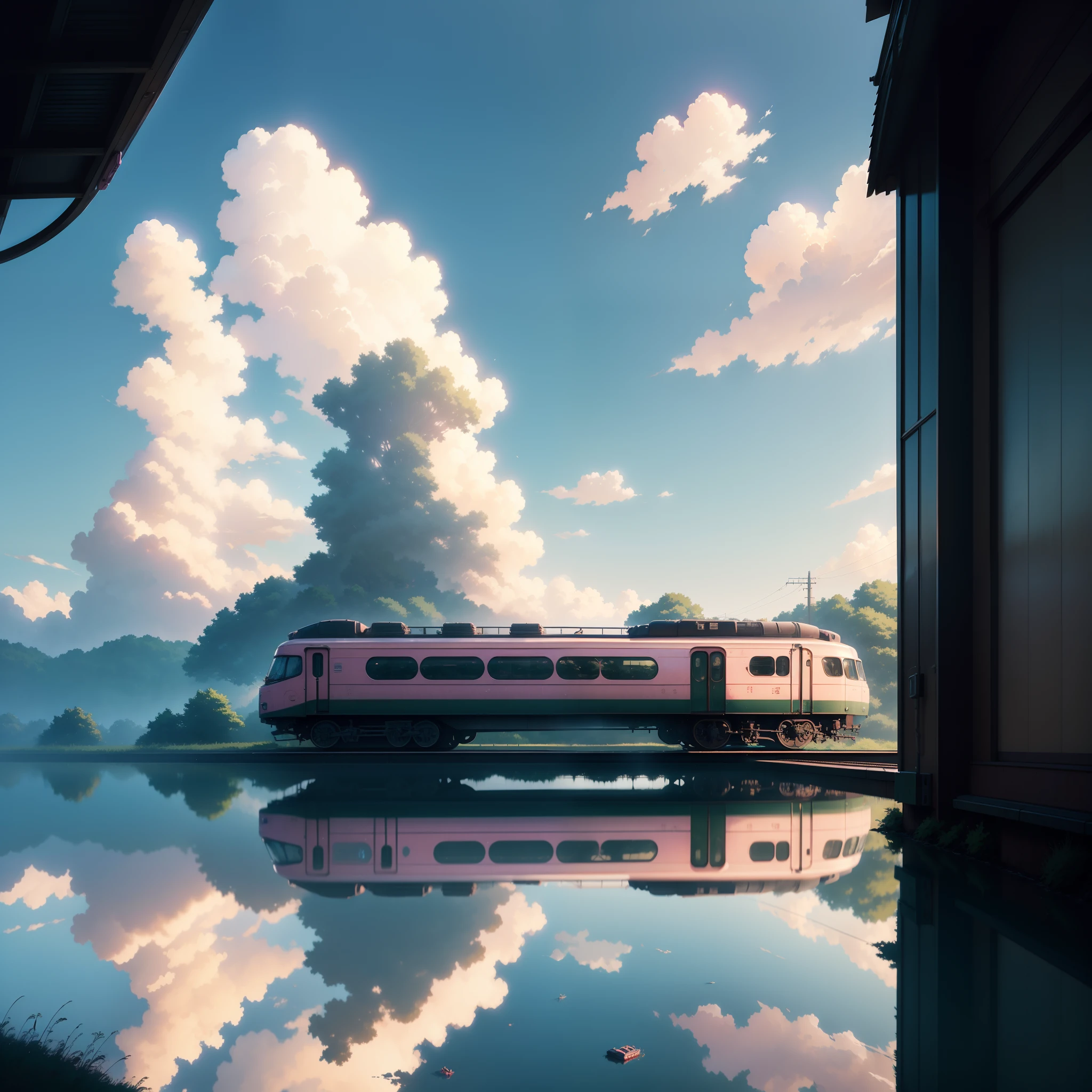 Masterpiece, anime train on tracks through a body of water, pink train. Romantic Train, Makoto Shinkai's picture, pixiv, concept art, lofi art style, reflection. by makoto shinkai, lofi art, beautiful anime scenes, anime scenery, detailed scenery—width 672, in style of makoto shinkai, style of makoto shinkai, details enhanced.