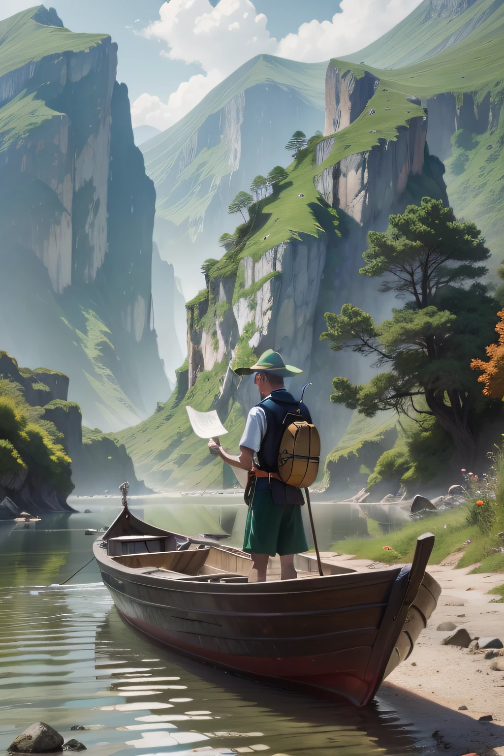Draw a man standing on a boat on the river, Illustration matte painting, ross tran and michael whelan, Tolkien e Michael Komarck, silvain sarrailh, realistic fantasy painting, portrait of an adventurer, Digital fantasy painting, fantasy digital painting, detailed matte fantasy painting, Realistic fantasy illustration, matte painting portrait shot, ross tran. scenery background
