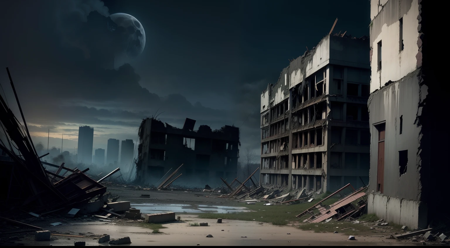 Collapsed building、Ruins、natta、horor、Dark、moonlights、horor