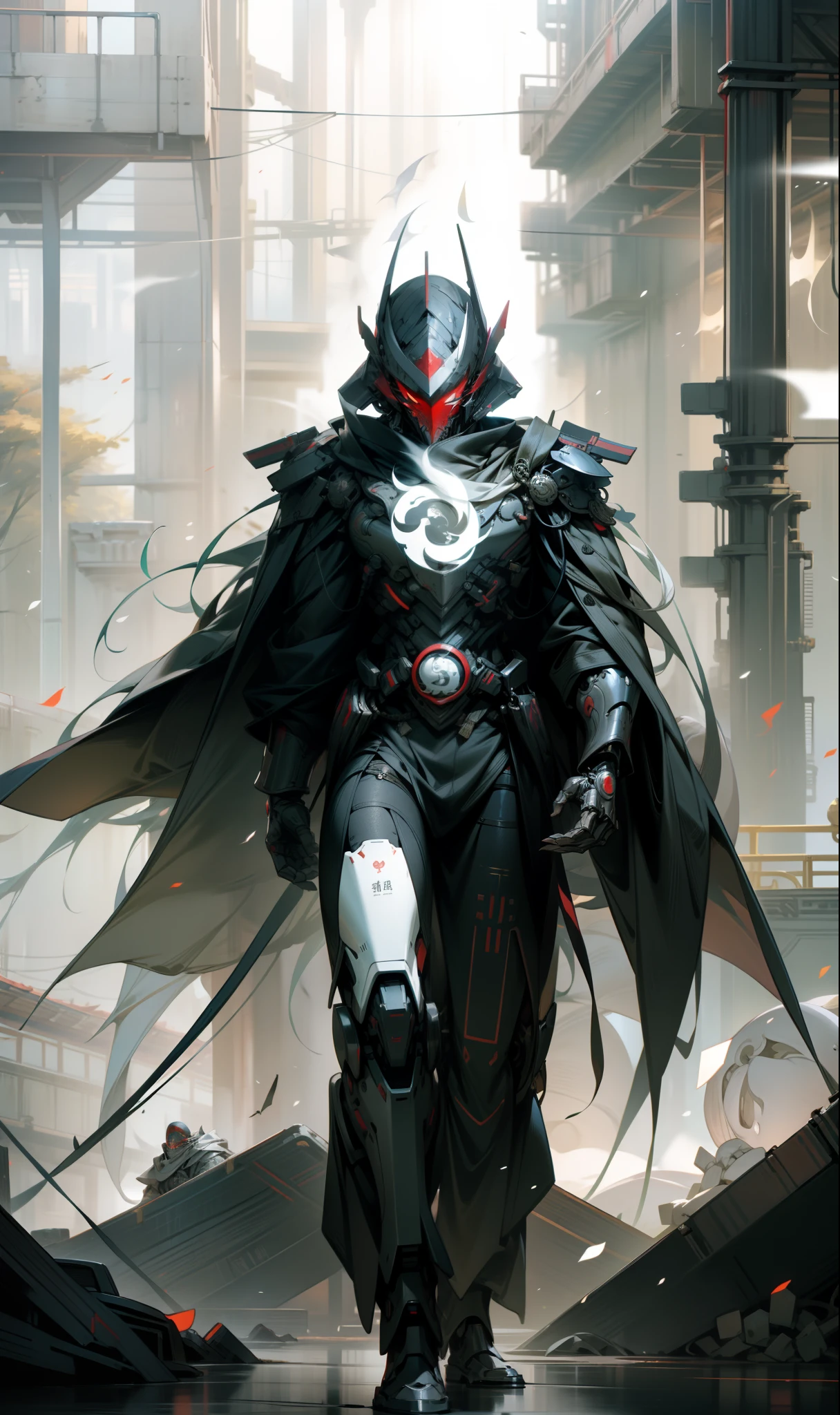 Red mask，The helmet of an ancient Chinese general，male people，Strong males，Huge shoulder armor，Tall mech，Silver-white body，The white，Use the plasma sword，There is a dragon particle effect，Yin and Yang gossip，Formation，mechanical sense，sense of strength，Sense of space，combats，cyber punk perssonage，Human body modification，Structurally sound，Battle instant，high-quality face，4K，High quality，Masterpieces