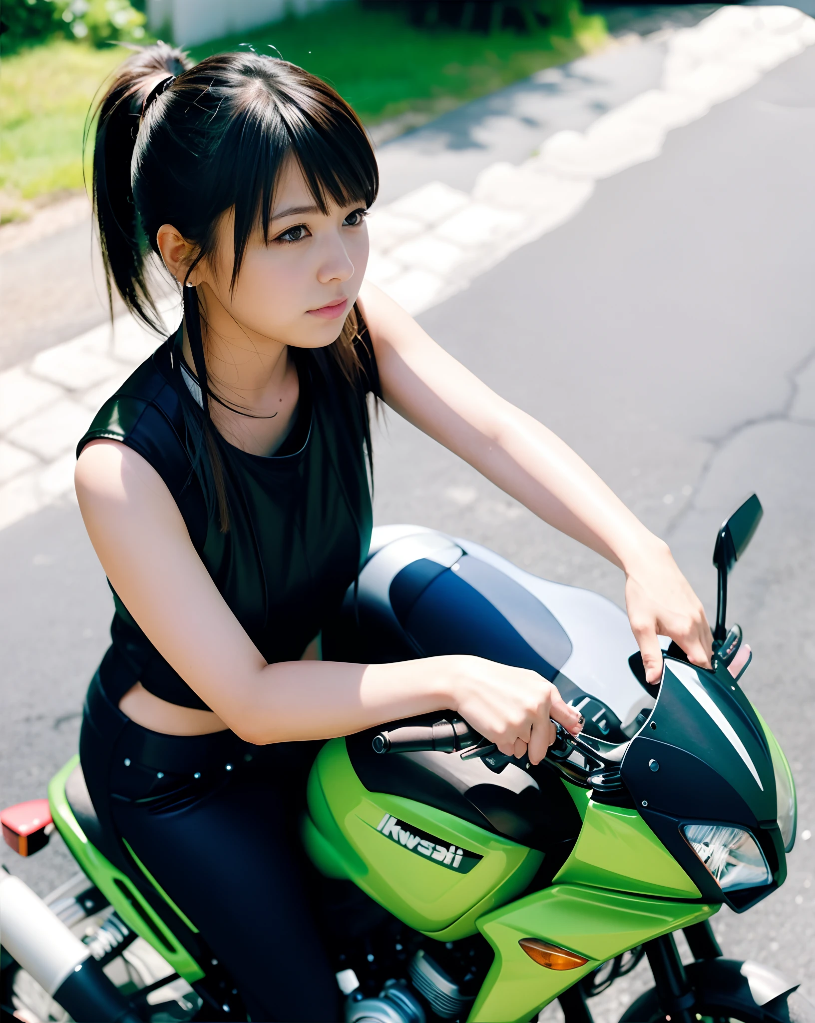 Real Images、rialistic photo、Top image quality、Tank tops、hotpants、Glossy leather、Arafe girl on a green motorcycle, japanse, Newmilky, comic book style, sitting on a motorcycle, Kawasaki Ninja, sitting on cyberpunk motorbike, Nohel and flaxen ponytail、Beautiful bust、beautiful thigh、Beautiful navel、sexy-S 100, black and green, green and black, profile picture 1024px, takata yamamoto style, Motorcycles
