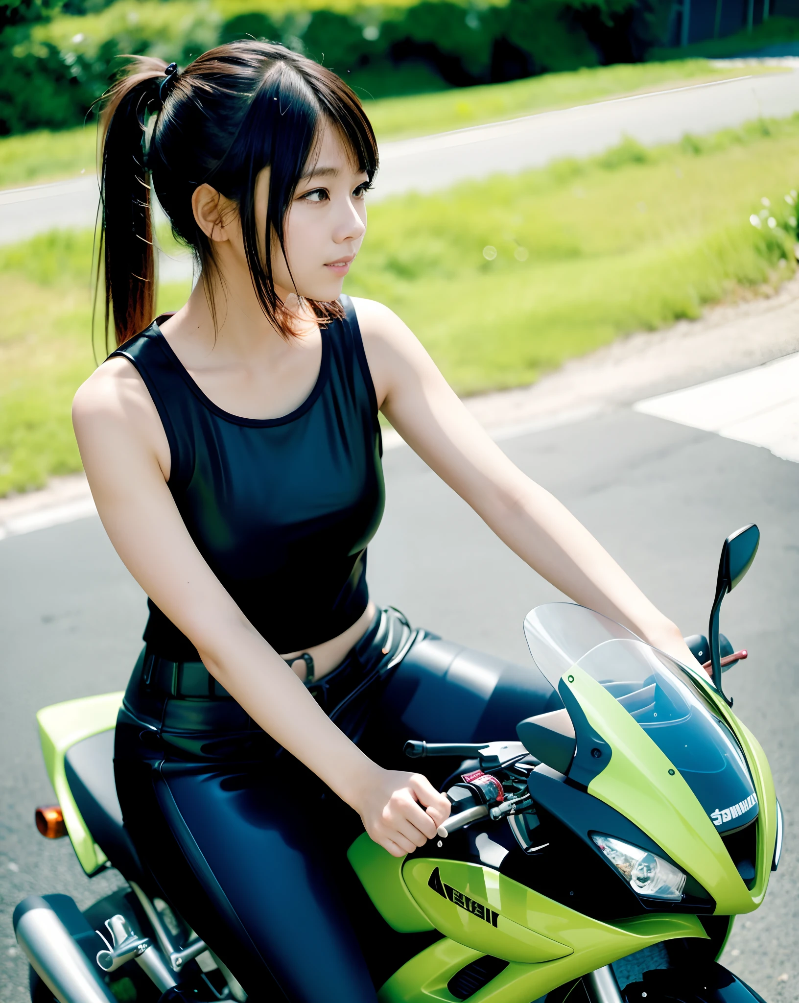 Kawasaki Ninja２５０、Alafe girl in black top and black leather miniskirt rides green motorcycle, white panty、motor cycle, Riding a motorcycle, shot with Canon EOS R 5, photographed in a Canon EOS R5, sitting on a motorcycle, shot with Nikon Z9, Korean Girl, real life anime girl, Sporty, Tifa, captured on canon eos r 6, Asian Girl, Young Asian Girl