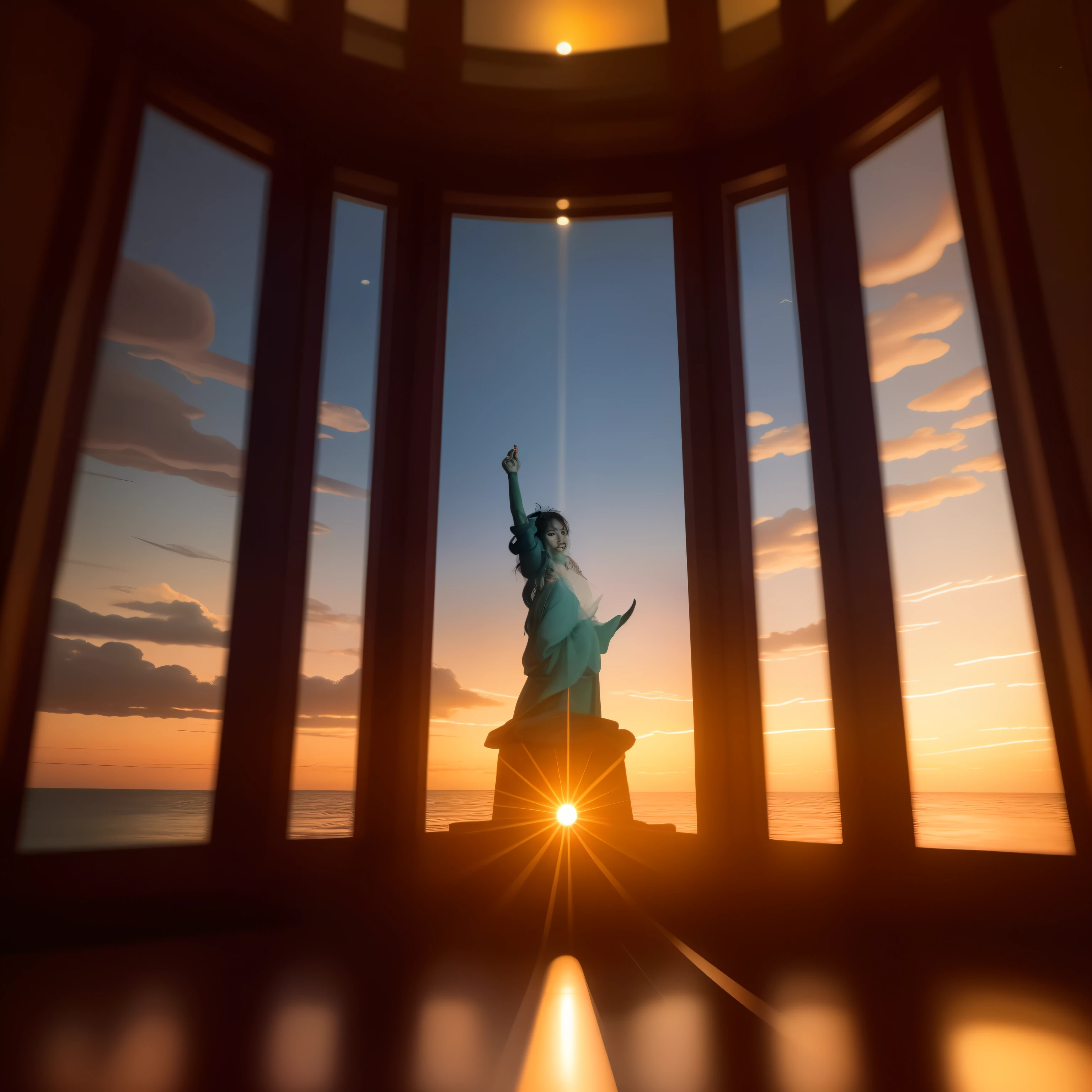 Huge glass windows, There is a statue of Statue of Liberty in the sea outside the window, The golden sunset rises from the sea, rim lights, Beautiful lighting, crepuscular ray, first person perspective, Depth of field (degrees of freedom), Front view, Symmetrical, Photographic photo --v 5.1 --q 2