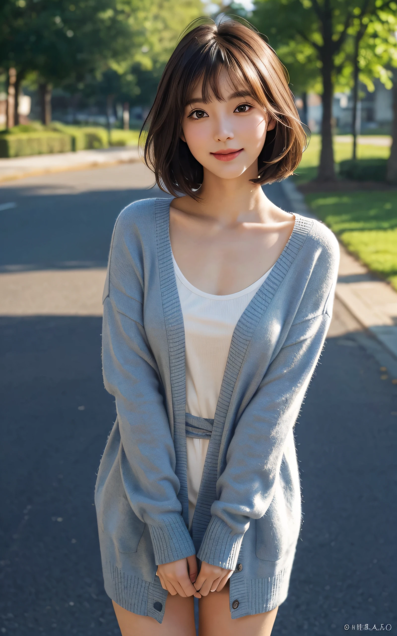 Masterpiece, best picture quality, high quality, beautiful Japanese girl, cute, gravure idol figure, detailed, detailed eyes, detailed skin, beautiful skin, ultra high resolution, (reality: 1.4),very beautiful, slightly younger face, beautiful skin, slender, (ultra realistic), (highresolution), (8K), (very detailed) (beautifully detailed eyes), (super detailed), (wallpaper), (detailed face), looking at viewer, fine details, detailed face, smiling, blue cardigan, looking straight ahead, looking straight ahead, angle from waist up, realistic photo, bright lighting, professional lighting, mature woman, (Brown hair, bob hair, layer cut, swaying in the wind, Bangs),