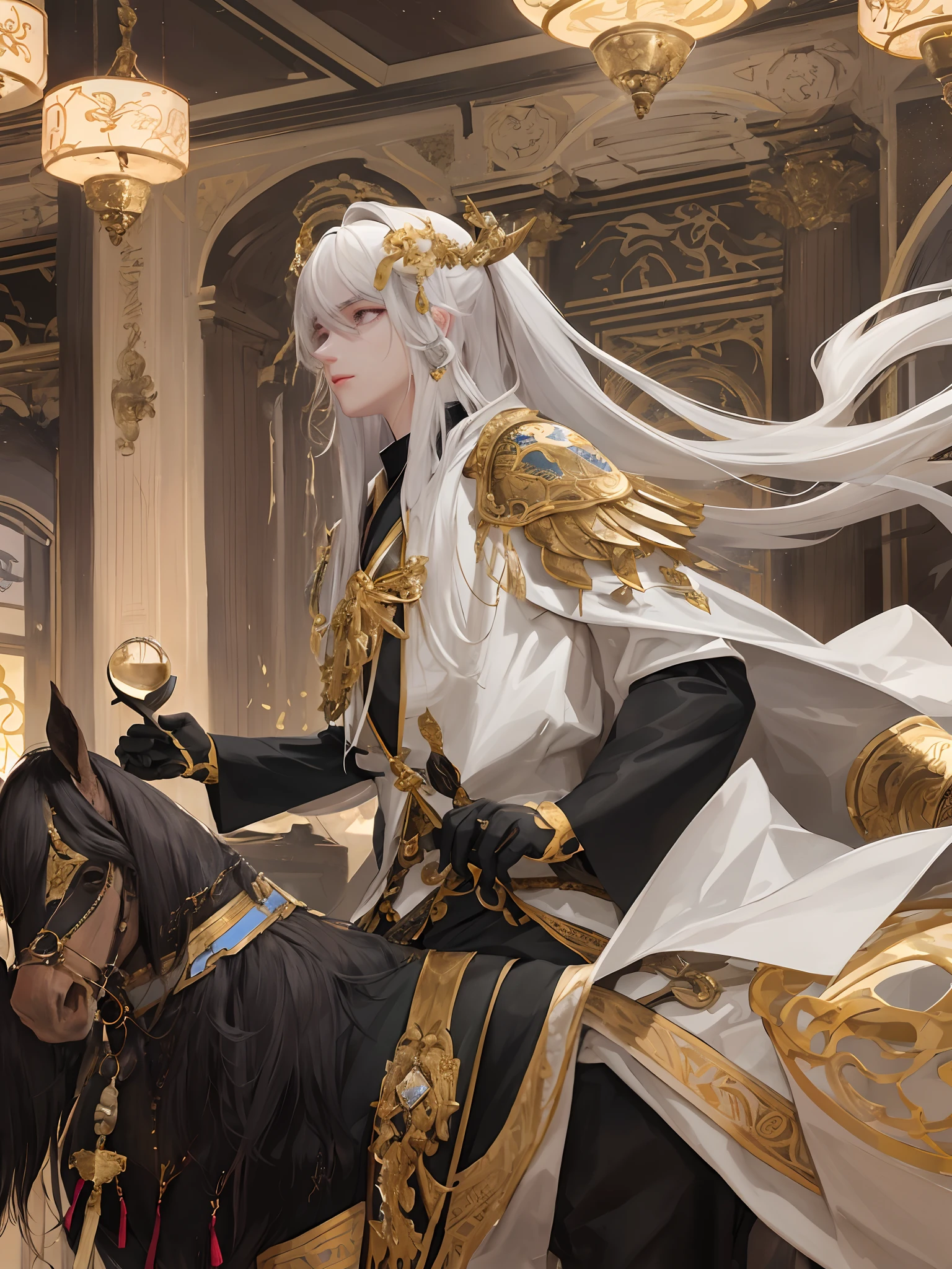 tmasterpiece,top-quality,best qualityer,offcial art,Beauty and aesthetics:1.2),(Kizi:1.3),extremy detailed,rich colourful,highest details,s the perfect face,The upper part of the body,hdr,(long white hair:1.5)(white cloak golden lines:1.2),galaxias,(light stre),striking visual effects,(dynamic streaks,Luminous trajectory:1.2),vivd colour,The family background of noble knights was usually very wealthy,Their ancestors may have been wealthy merchants、Nobleman or politician。They usually have an elegant living environment and high-quality educational resources,Receive quality education and training,Possess great talent and skills。 Noble knights usually possessed nobility、Elegant temperament,Their words and deeds reflect their social status and wealth。They have unique costumes、Hairstyle and makeup,Usually wearing elegant battle robes and riding noble horses。 The life of a noble knight was usually luxurious and comfortable,They have a variety of high-end luxury and luxurious private establishments。They usually like to make friends with powerful people,And actively participate in various social events and aristocratic circles。7