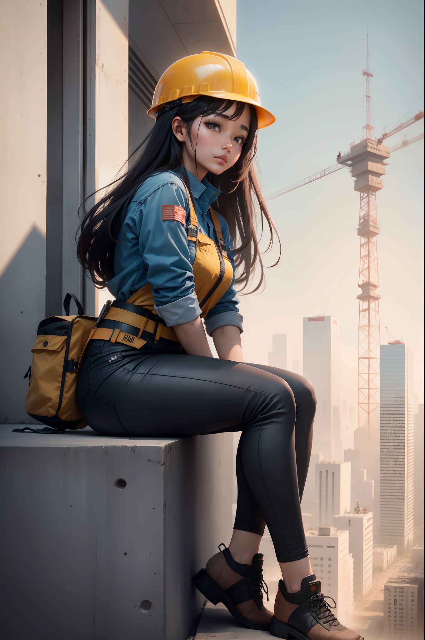 Arad woman in architectural clothing, Work on steel structure construction sites, Asian girl, Cute asian girl, A surreal girl, Surrealist female construction worker , Cute girl wearing construction helmet,  Skyscraper construction site