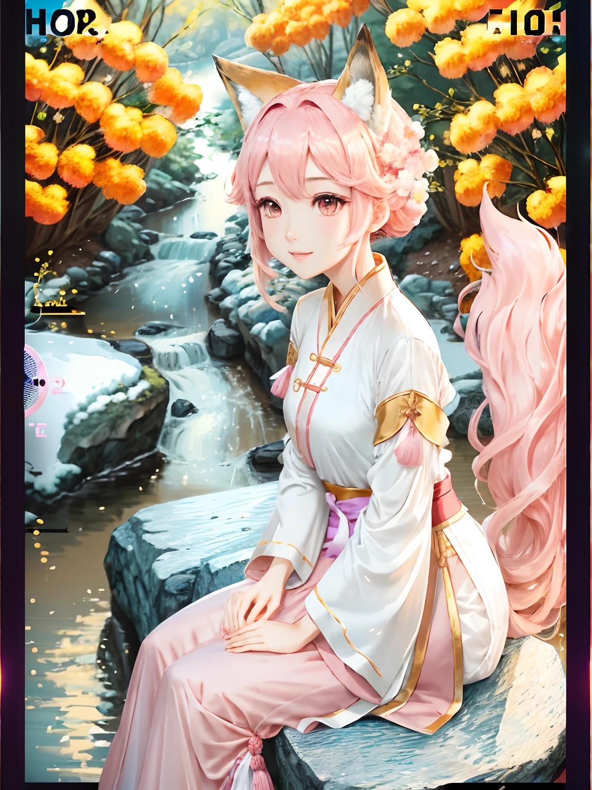 Anime quality 4K,Anime heroine,High light ratio(1:3),Fox ears，face，Beast Girl，with pink hair，wearing a hanfu，White skin，Royal Sister，Action：sitting on the stone，Background with：A small river in the forest，colors of clothing：White plus blue，It has a long fox tail，human - shaped，expressioness：having fun，Beautiful Chinese girl，Mouth state：Normal，Mouth color：Light pink，orthofacial，frontage，ssmile