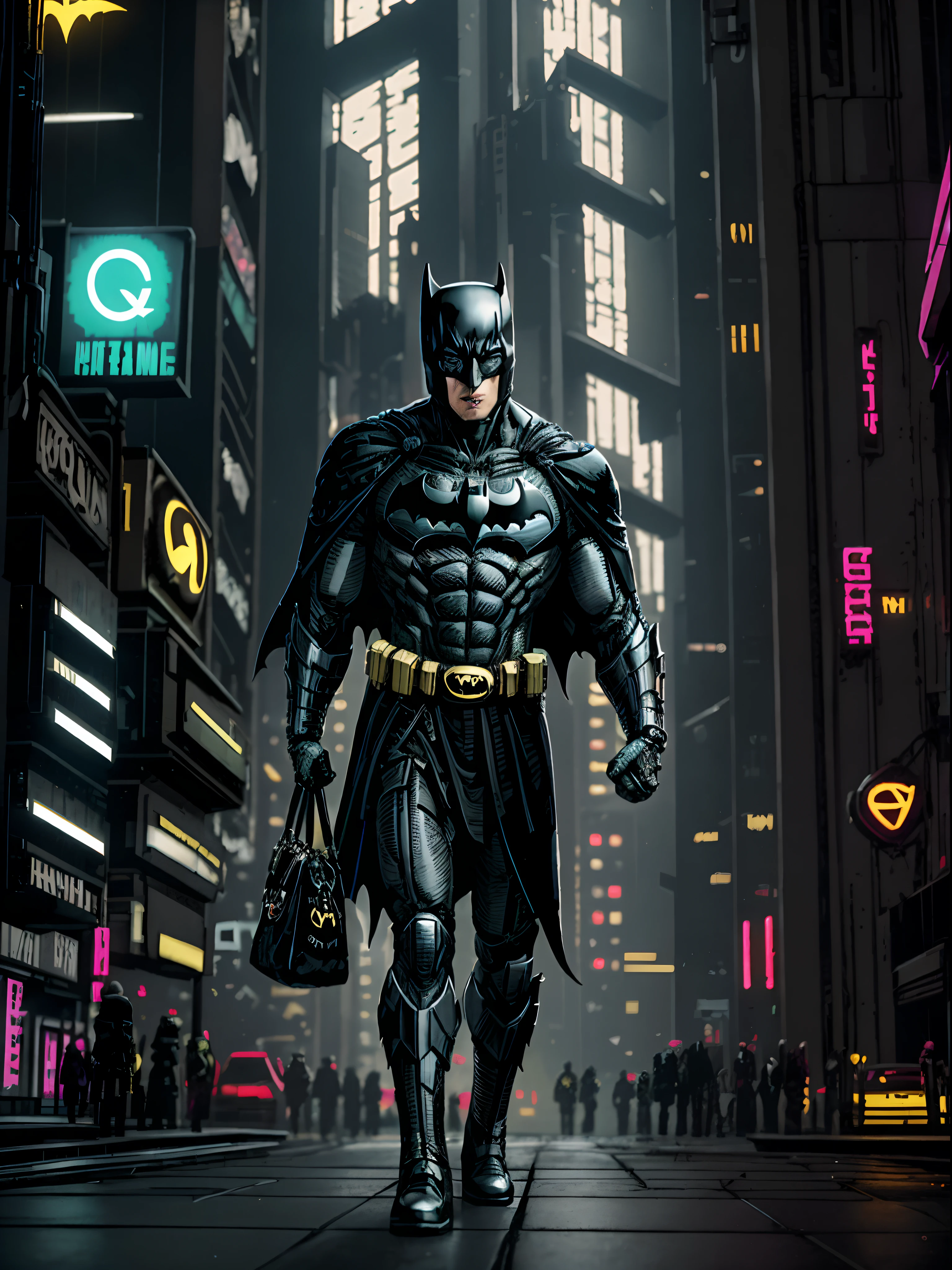 "An award-winning photo of Batman holding a hand bag inside a brutalist building with intricate angular cybernetic implants, set in a gothic brutalist cathedral. The scene is cyberpunk, featuring bokeh and vibrant neon lights, with Batman showcasing a prominent cybernetic limb."