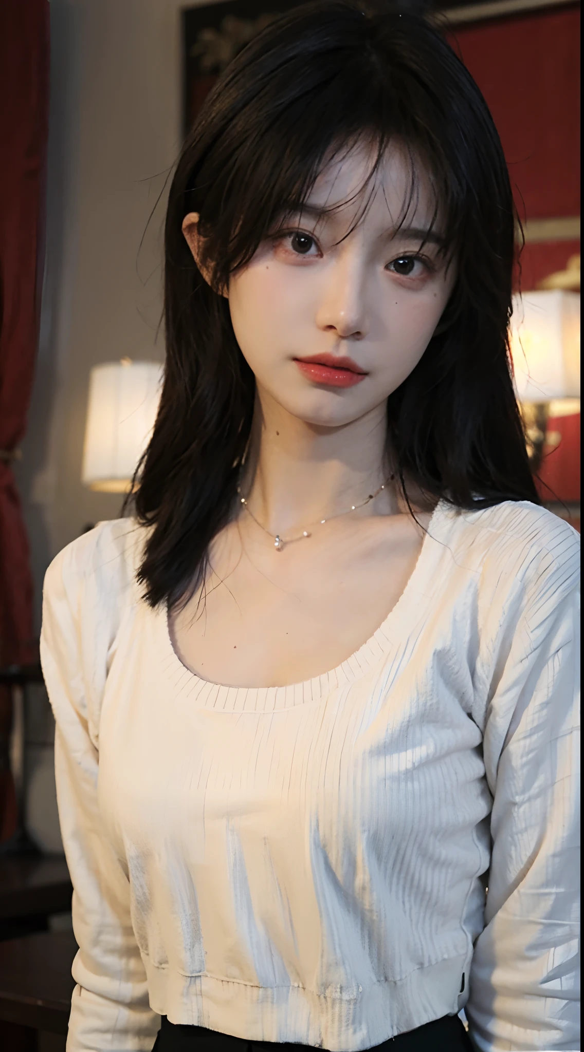 best qualtiy, 超高分辨率, (realisticlying:1.4),Baoyu Girl,1girll, with long coiled hair,Looking into the distance,nedium breasts:1.4,Cropped red sweater,a sense of atmosphere,Beautiful woman with a slim figure:1.4, Abs:1.4,,Ultra-fine face,Elaborate Eyes,二重まぶた,choker necklace
