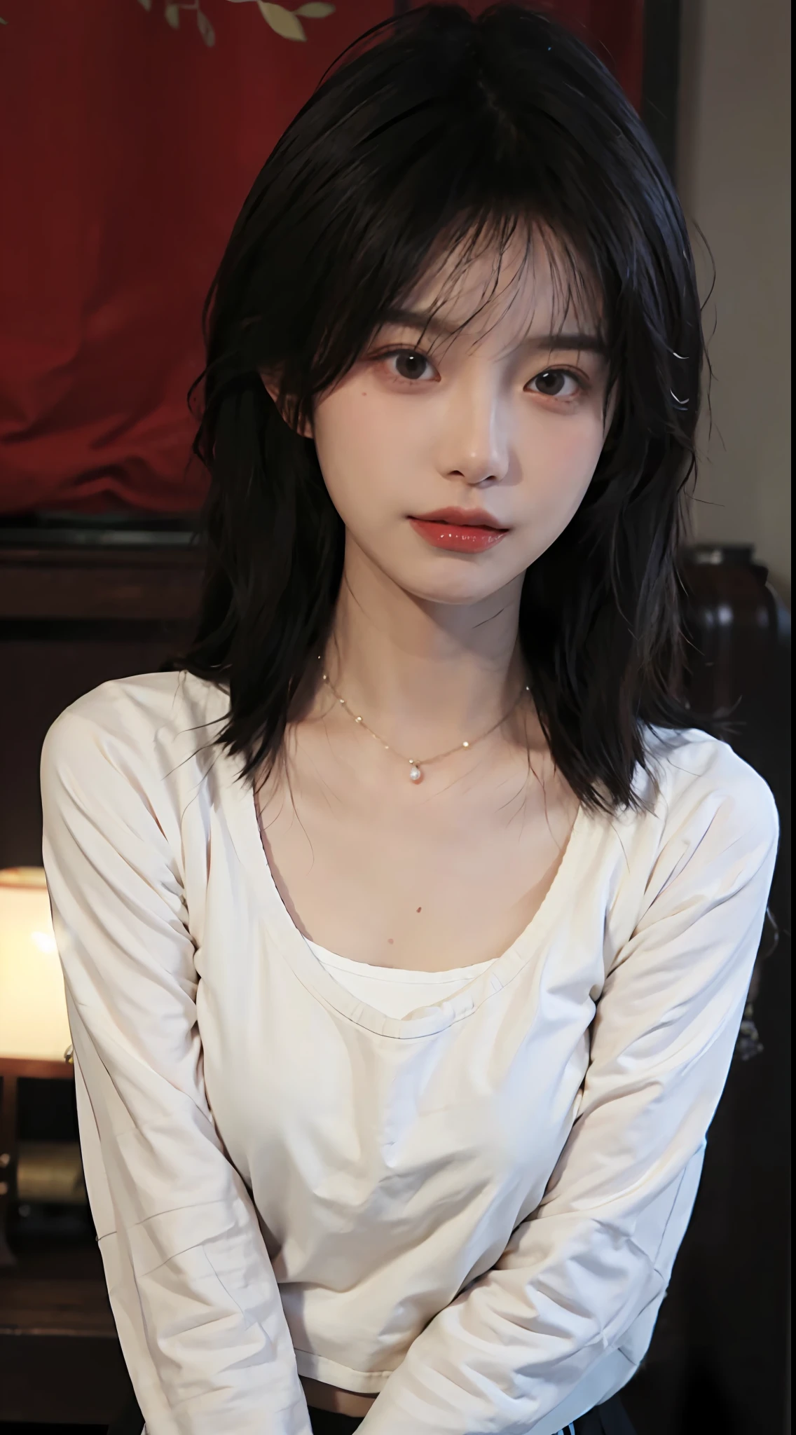 best qualtiy, 超高分辨率, (realisticlying:1.4),Baoyu Girl,1girll, with long coiled hair,Looking into the distance,nedium breasts:1.4,Cropped red sweater,a sense of atmosphere,Beautiful woman with a slim figure:1.4, Abs:1.4,,Ultra-fine face,Elaborate Eyes,二重まぶた,choker necklace