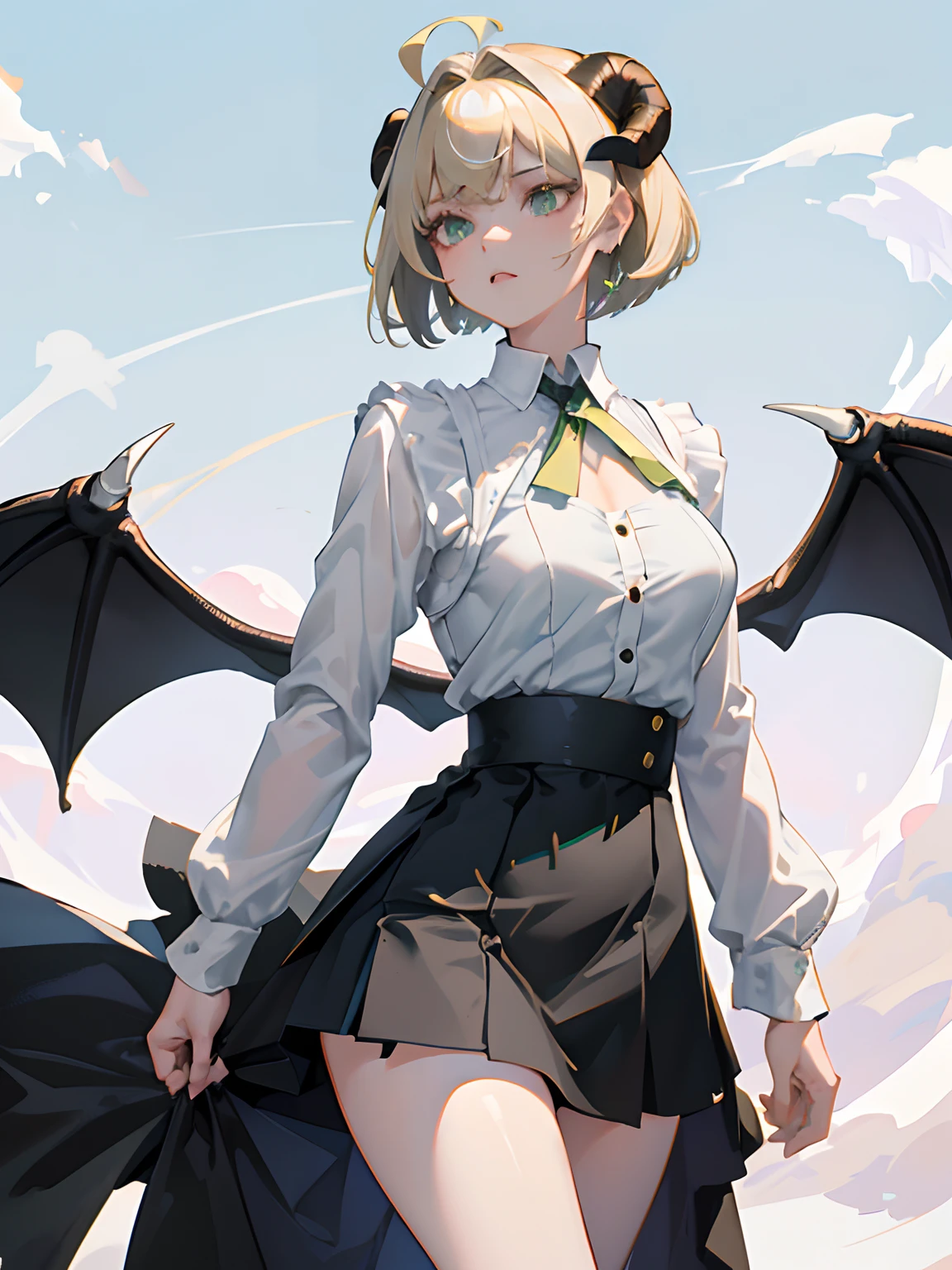 ((masterpiece, best quality)), (1girl), (solo), (female focus), (ahoge, ash blonde hair, short hair), green eyes, ((white shirt), (buttoned shirt)), ((black skirt), (short skirt)), standing, white background, arms behind back, bat wings on the waist, sheep horns