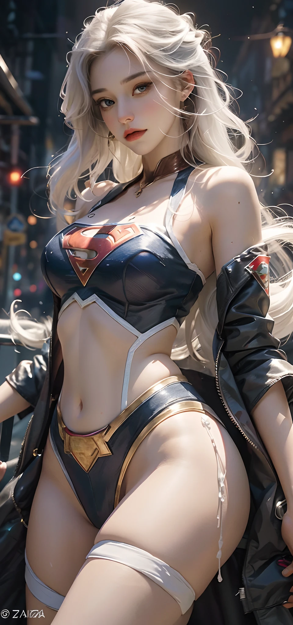 Full body portrait of a woman with white hair,Belle peinture de personnage,Guviz,Guviz-style artwork,Supergirl,Wearing a Superman uniform,Epic and beautiful character art,Stunning character art,Guvitz at the Pixiv Art Station,Bigchest,Leakage of exposed milk,Bare lower body,Camel toes,Protruding underparts,Pornographic leaks,nakeness